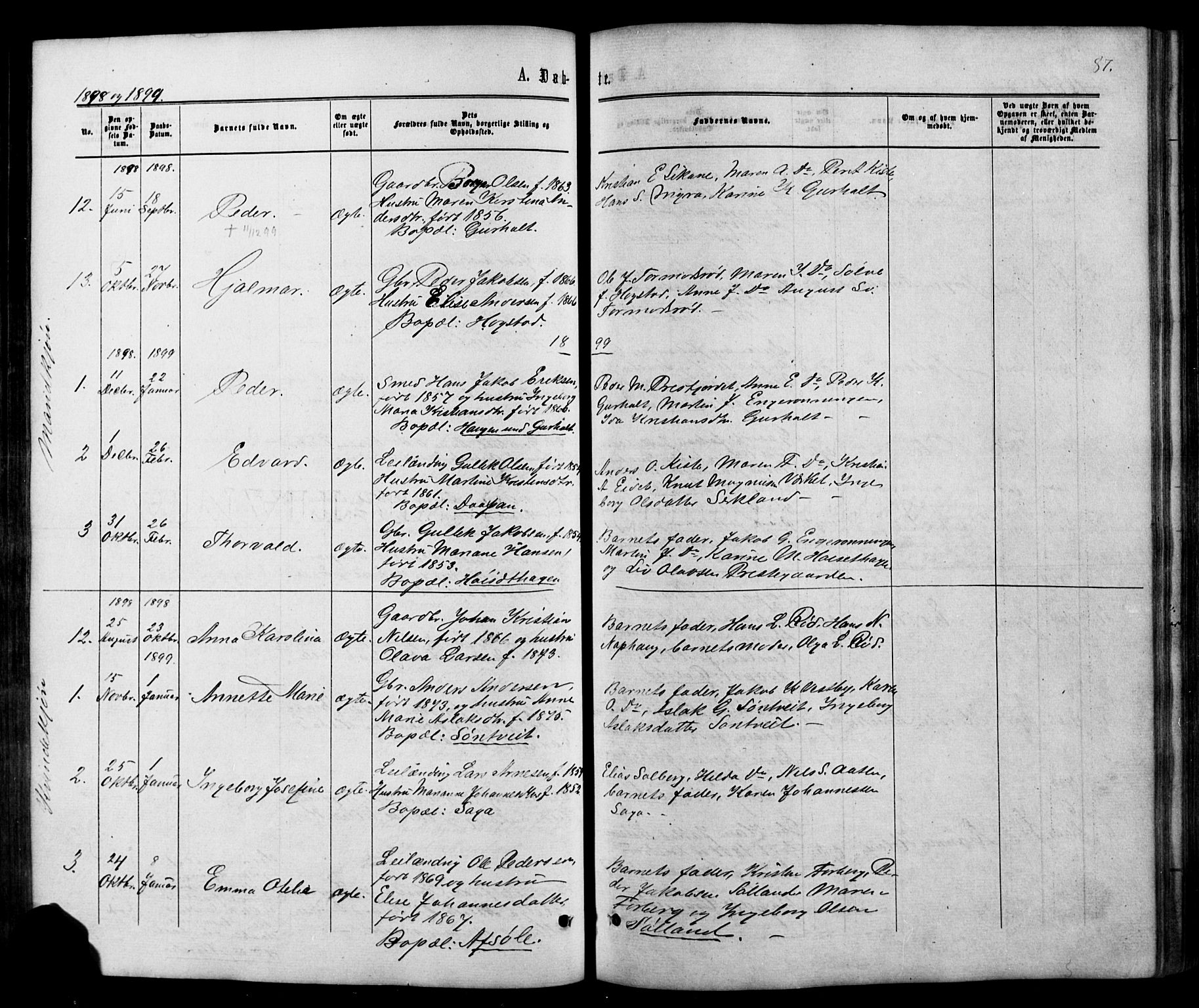 Siljan kirkebøker, SAKO/A-300/G/Ga/L0002: Parish register (copy) no. 2, 1864-1908, p. 87