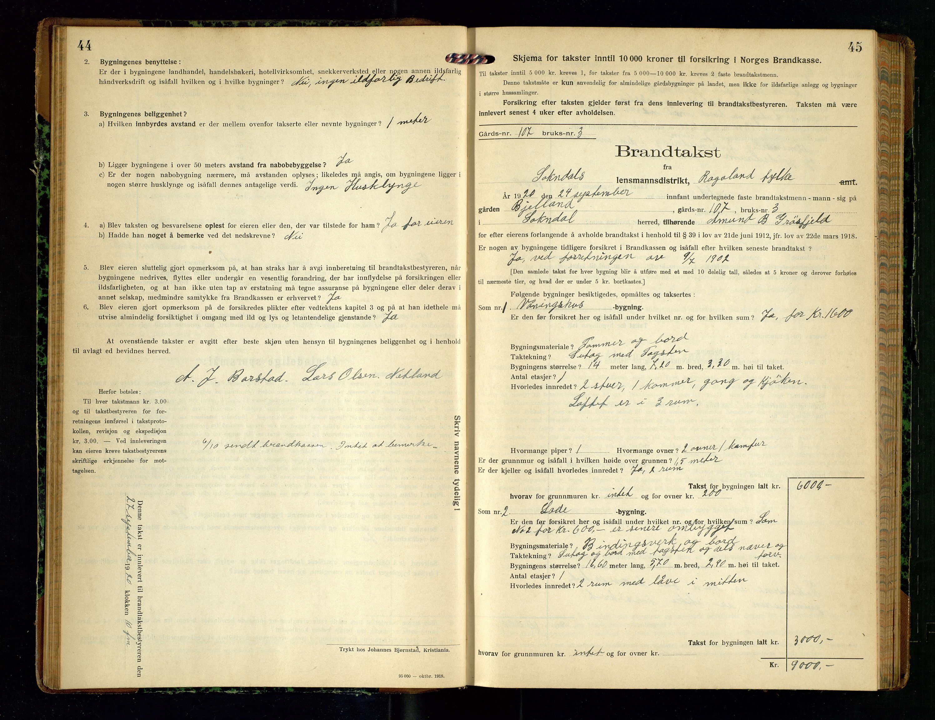 Sokndal lensmannskontor, AV/SAST-A-100417/Gob/L0005: "Brandtakst-Protokol", 1920-1924, p. 44-45
