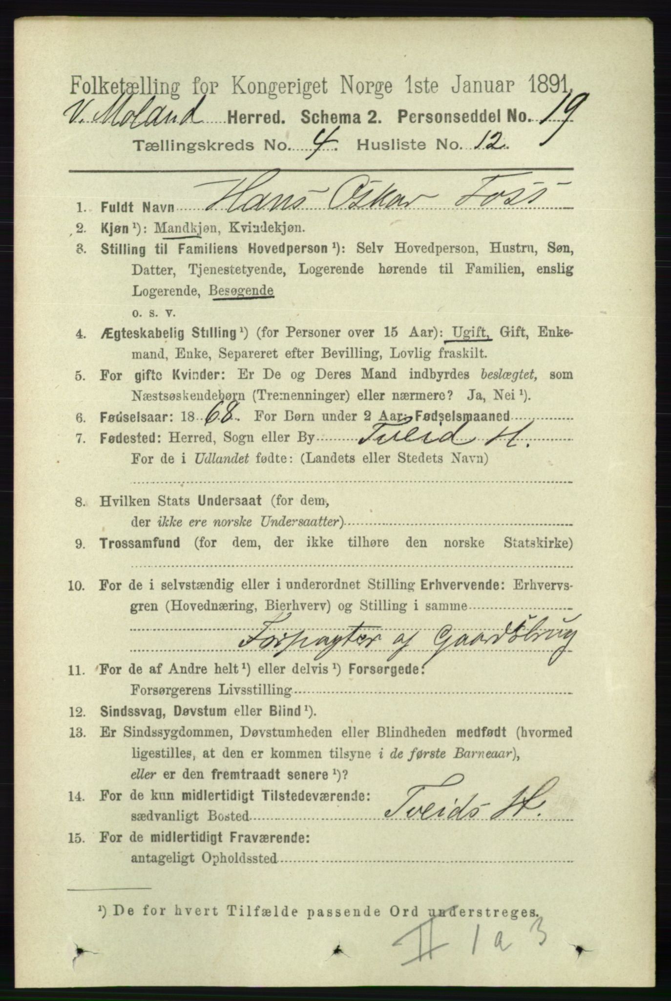 RA, 1891 census for 0926 Vestre Moland, 1891, p. 1308