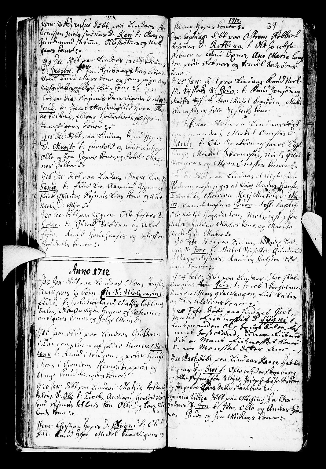Lindås Sokneprestembete, SAB/A-76701/H/Haa: Parish register (official) no. A 1, 1699-1746, p. 39