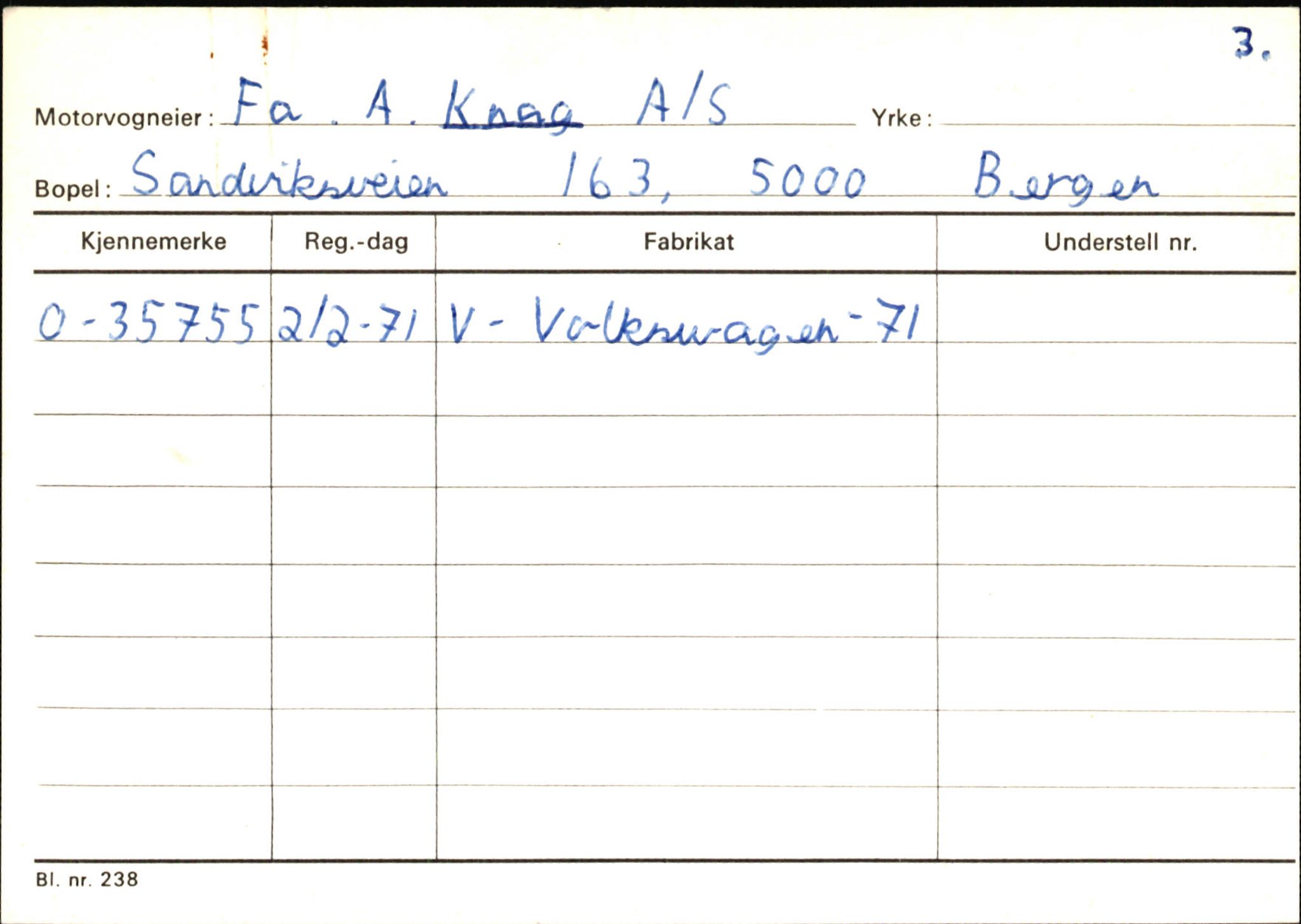 Statens vegvesen, Hordaland vegkontor, SAB/A-5201/2/Hb/L0019: O-eierkort K, 1920-1971, p. 1