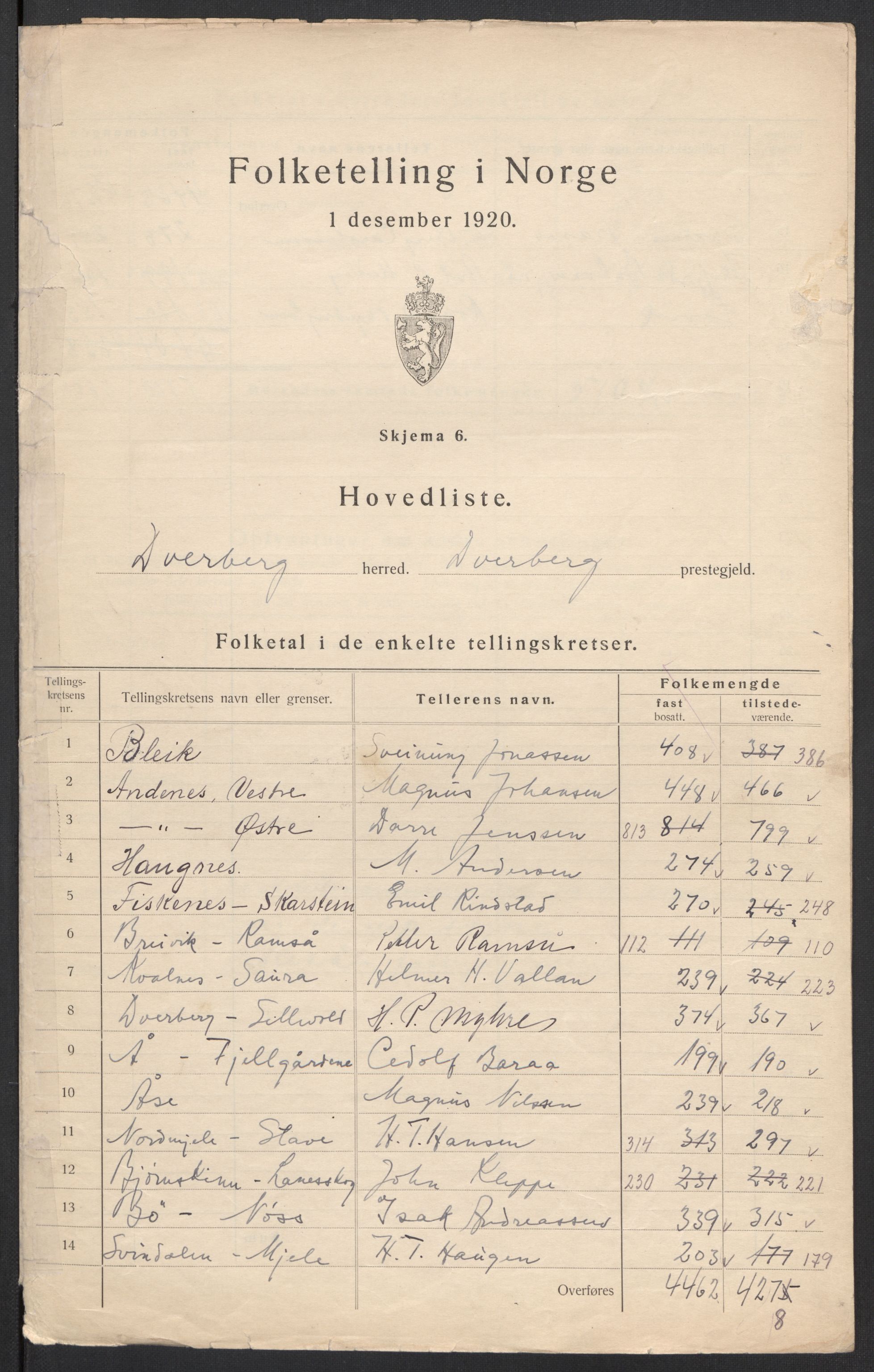 SAT, 1920 census for Dverberg, 1920, p. 3