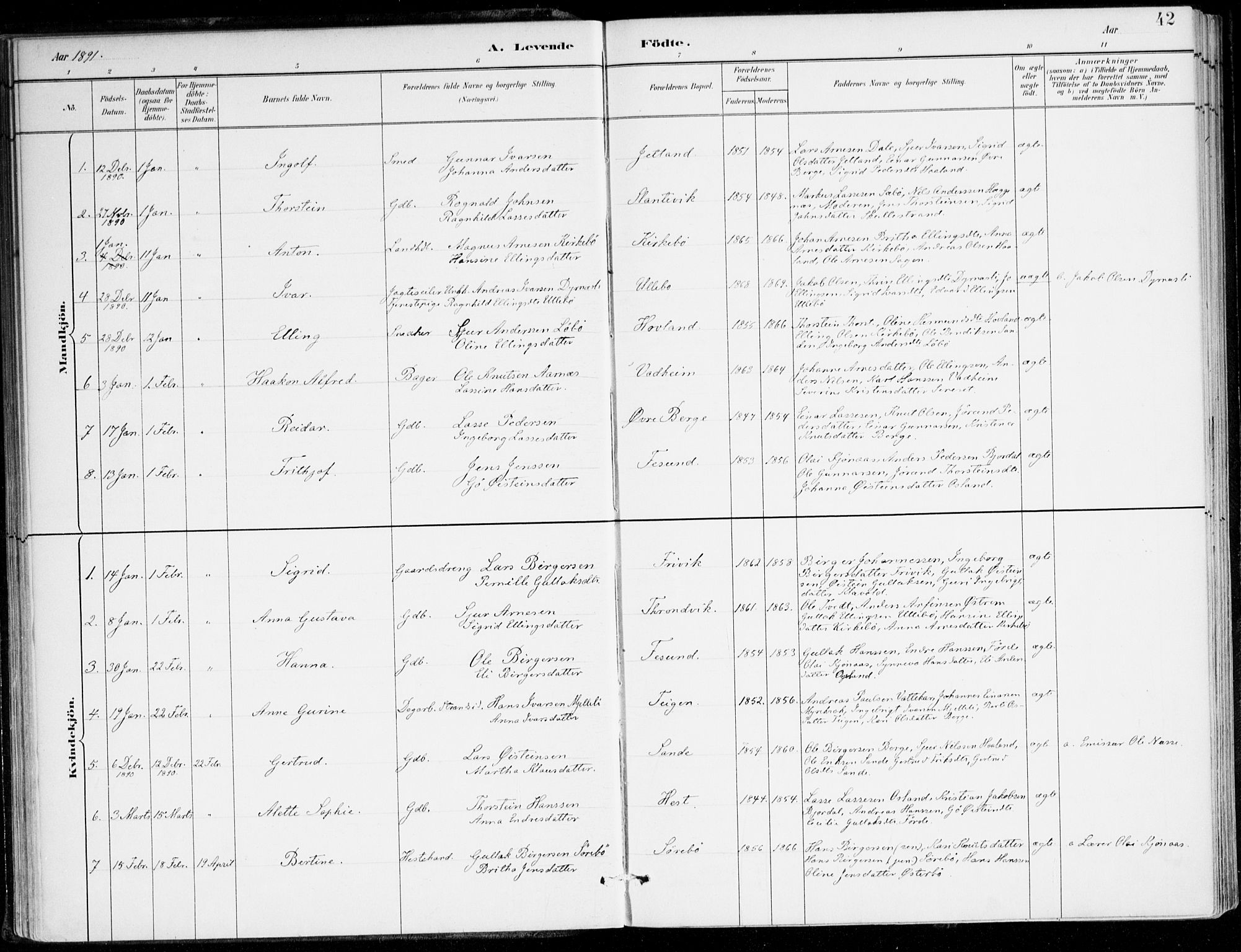 Lavik sokneprestembete, AV/SAB-A-80901: Parish register (official) no. C 1, 1882-1904, p. 42