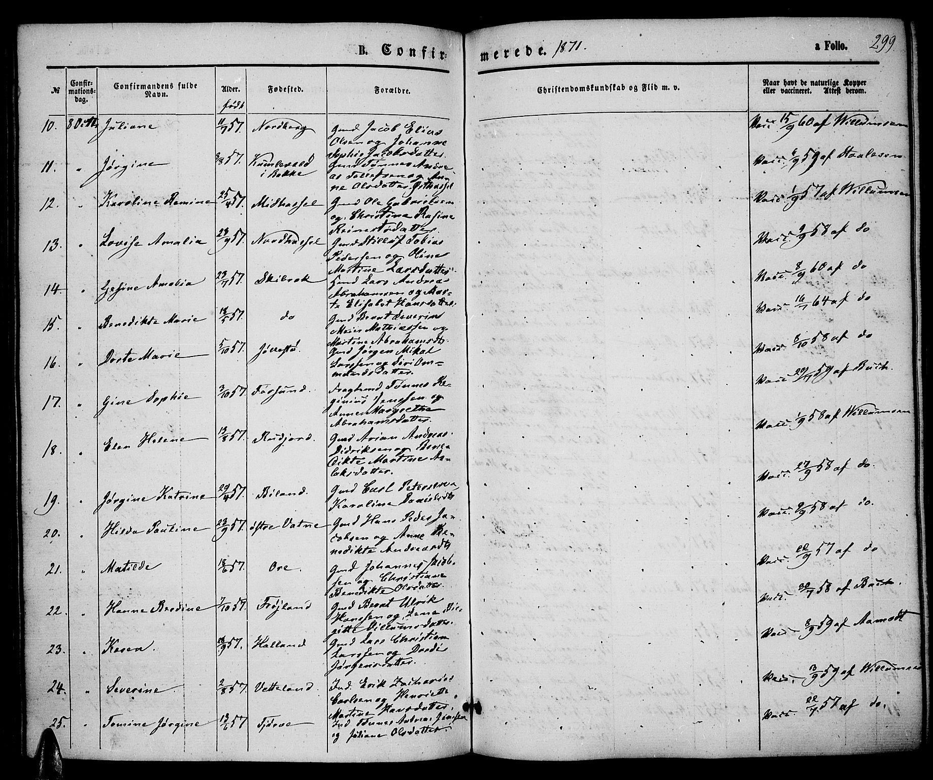 Lista sokneprestkontor, SAK/1111-0027/F/Fb/L0003: Parish register (copy) no. B 3, 1862-1877, p. 299