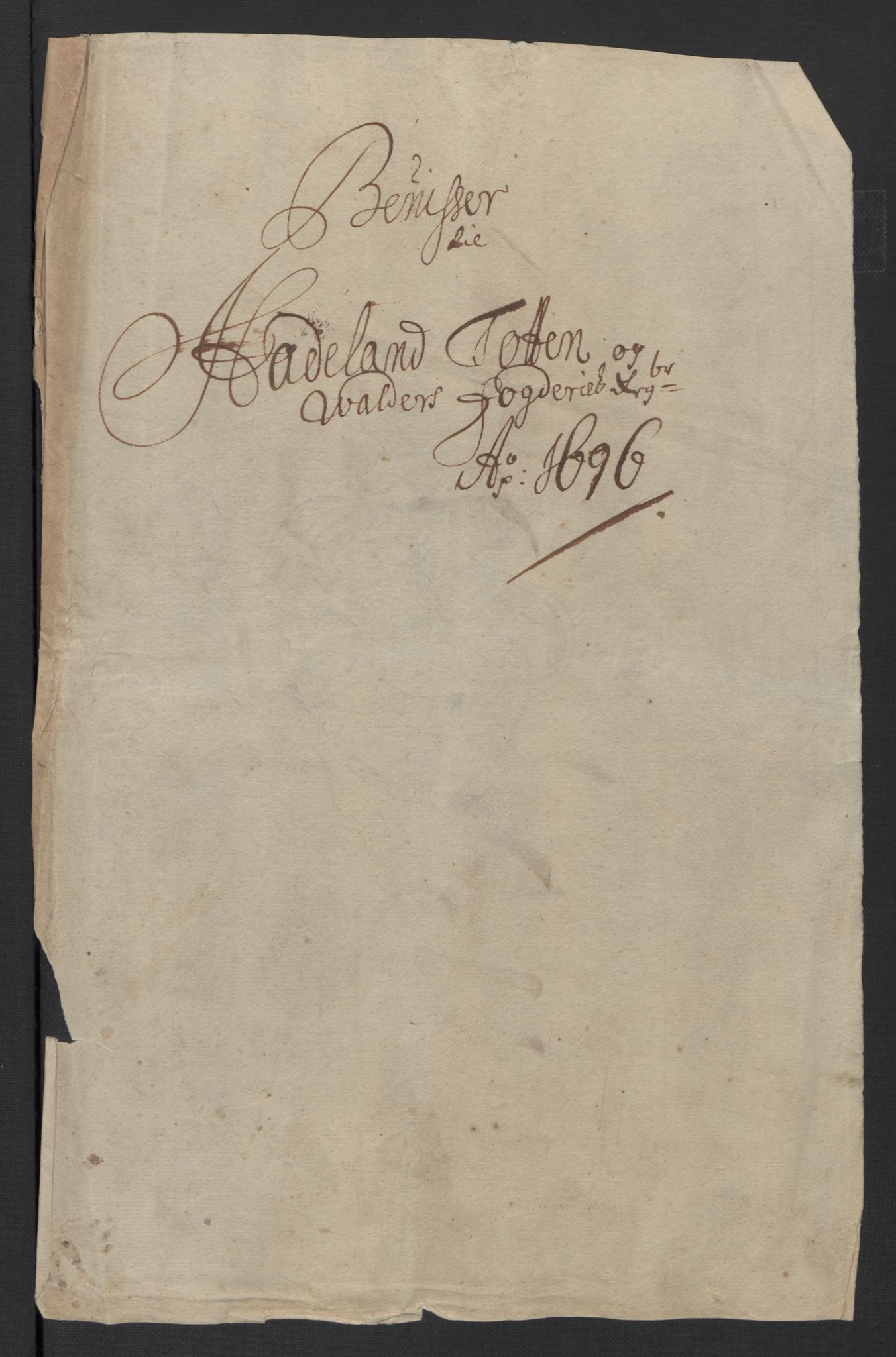 Rentekammeret inntil 1814, Reviderte regnskaper, Fogderegnskap, AV/RA-EA-4092/R18/L1294: Fogderegnskap Hadeland, Toten og Valdres, 1696, p. 15
