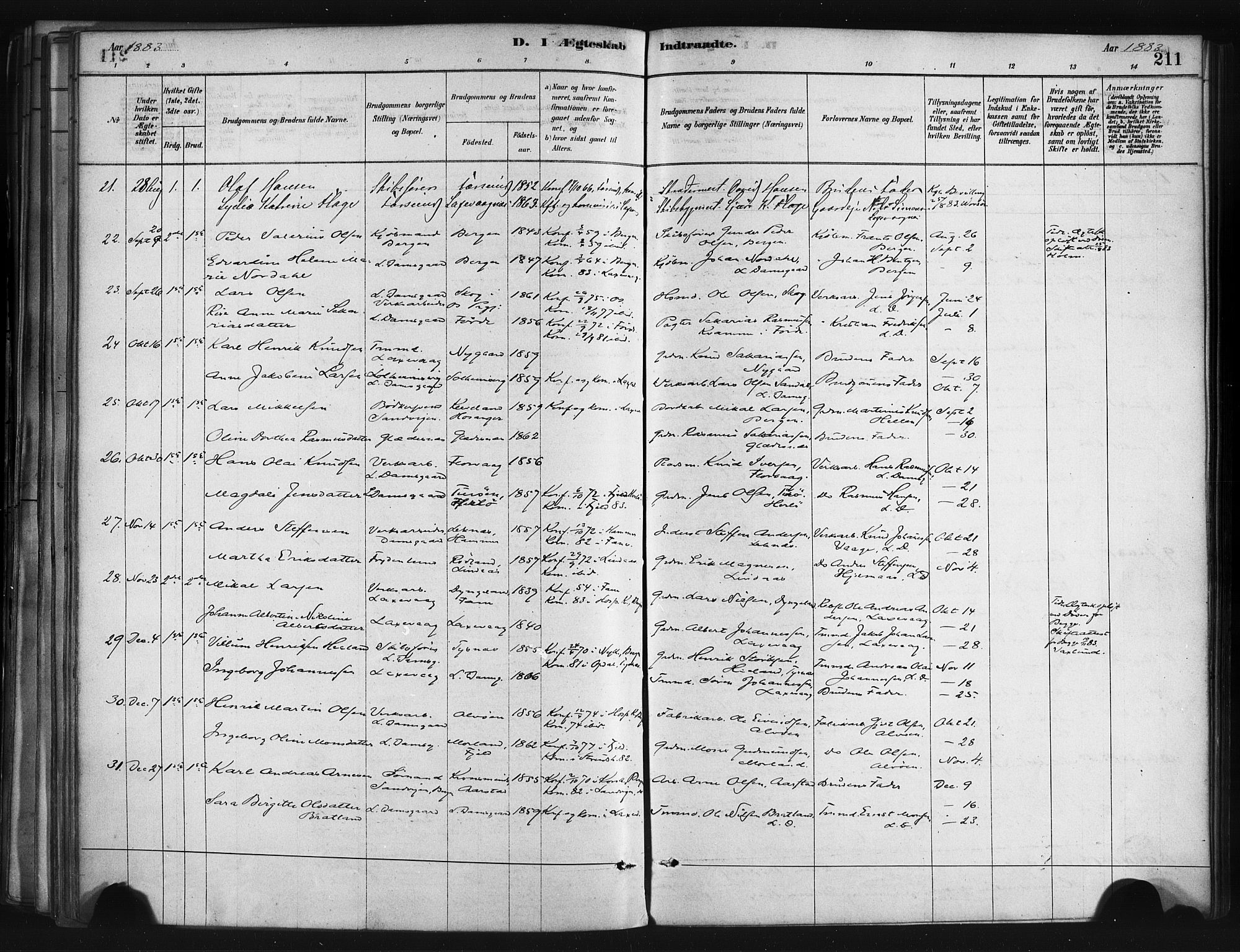 Askøy Sokneprestembete, AV/SAB-A-74101/H/Ha/Haa/Haae/L0002: Parish register (official) no. E 2, 1878-1891, p. 211