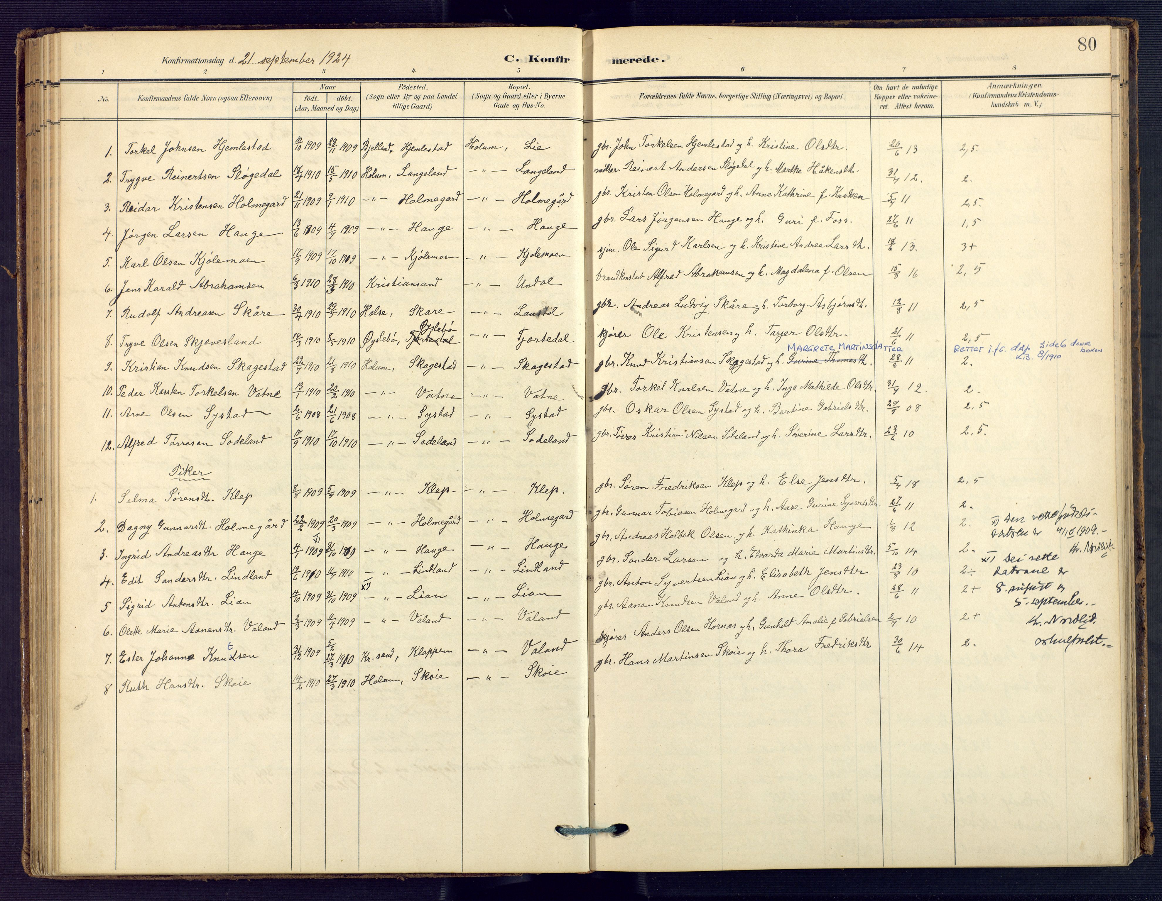 Holum sokneprestkontor, SAK/1111-0022/F/Fa/Faa/L0008: Parish register (official) no. A 8, 1908-1929, p. 80