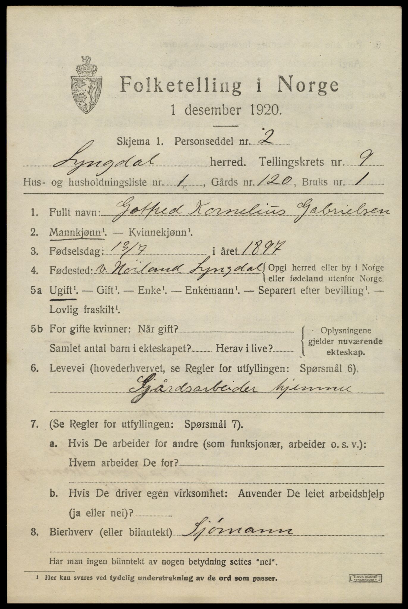 SAK, 1920 census for Lyngdal, 1920, p. 4625