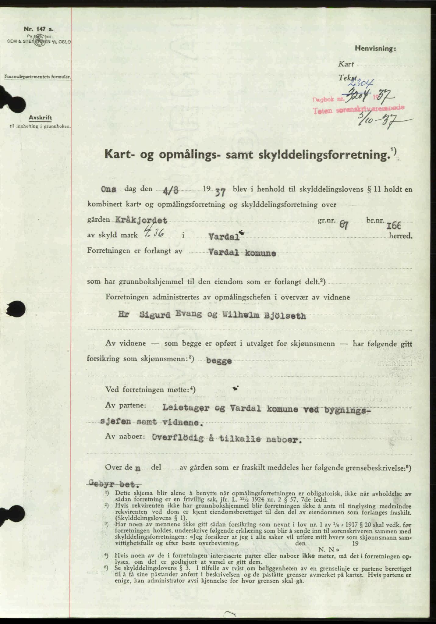 Toten tingrett, SAH/TING-006/H/Hb/Hbc/L0003: Mortgage book no. Hbc-03, 1937-1938, Diary no: : 2304/1937