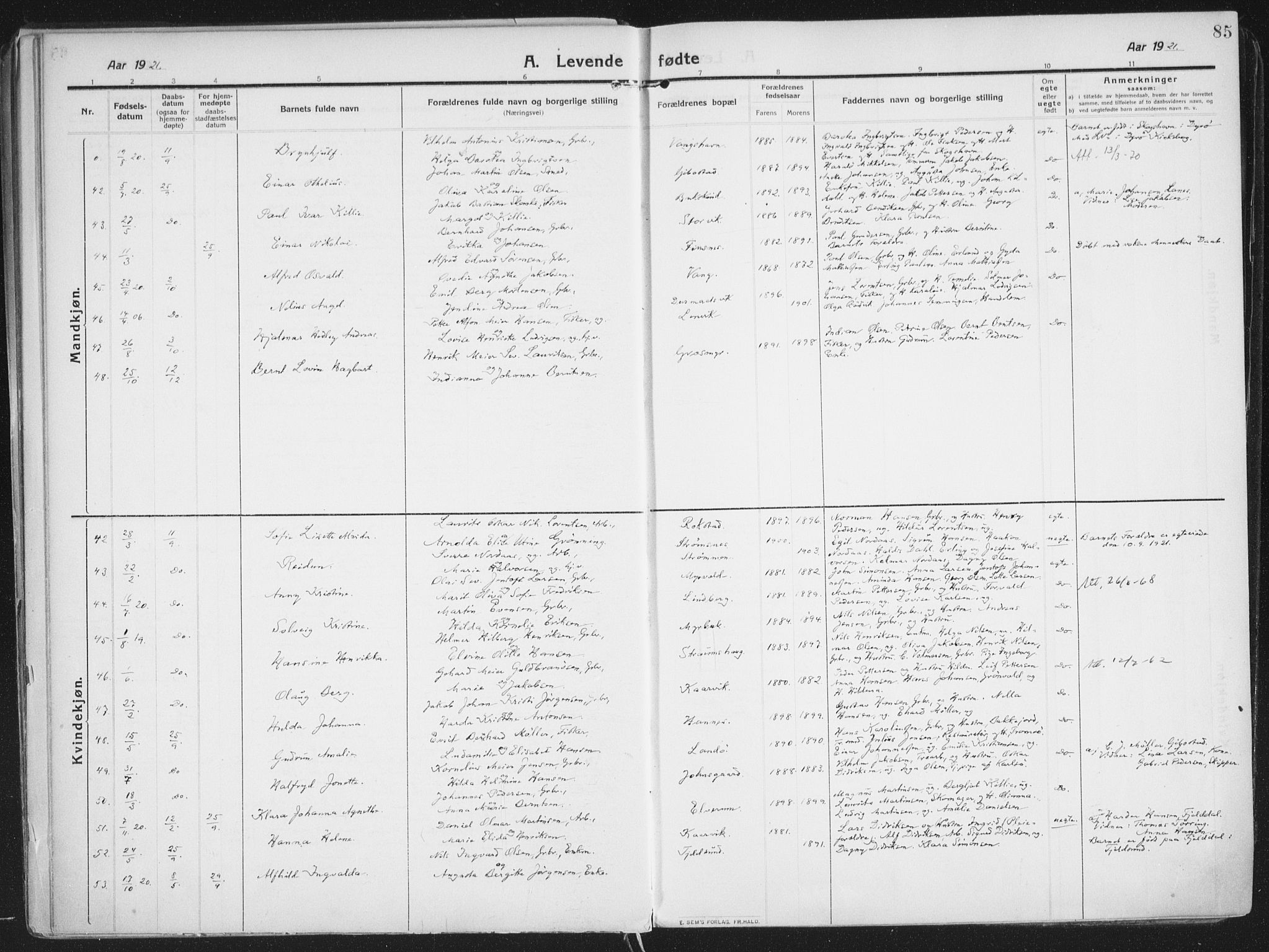 Lenvik sokneprestembete, AV/SATØ-S-1310/H/Ha/Haa/L0016kirke: Parish register (official) no. 16, 1910-1924, p. 85