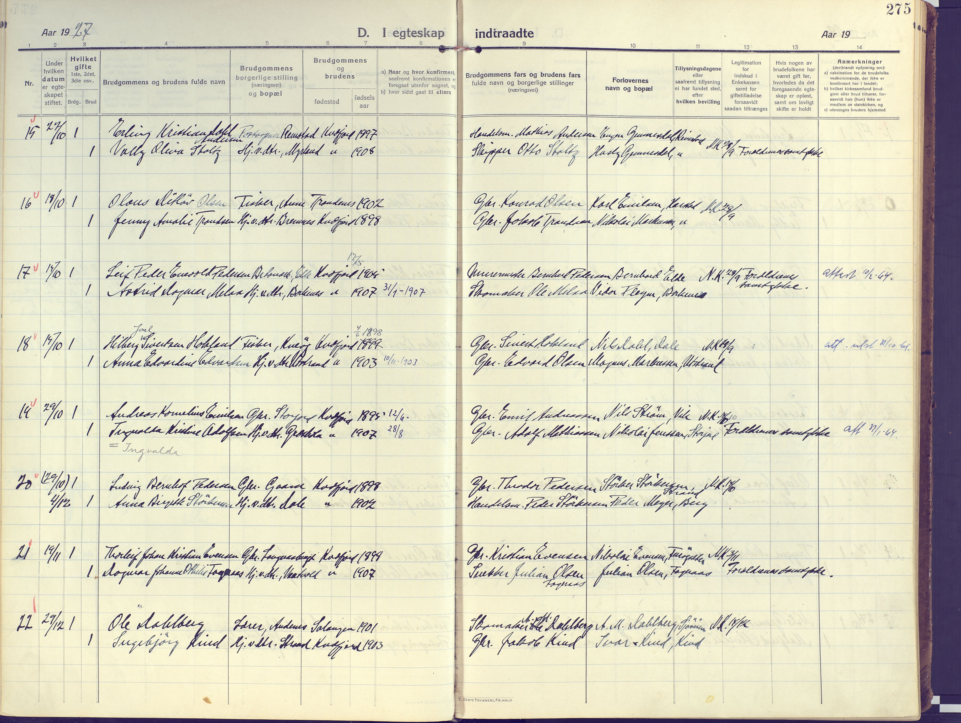 Kvæfjord sokneprestkontor, AV/SATØ-S-1323/G/Ga/Gaa/L0007kirke: Parish register (official) no. 7, 1915-1931, p. 275