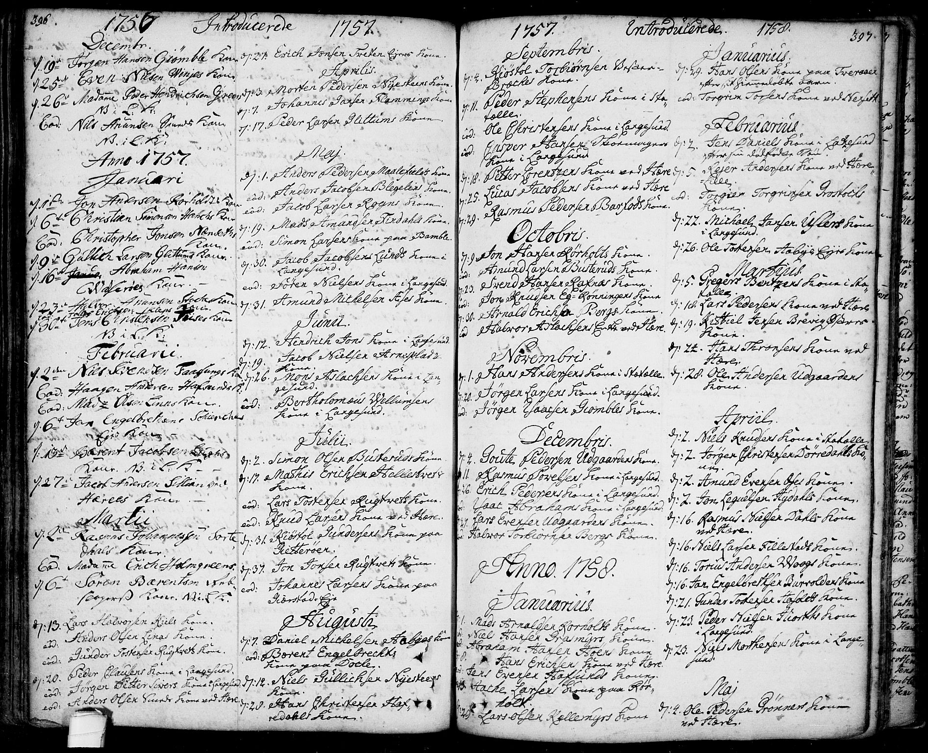 Bamble kirkebøker, SAKO/A-253/F/Fa/L0001: Parish register (official) no. I 1, 1702-1774, p. 396-397