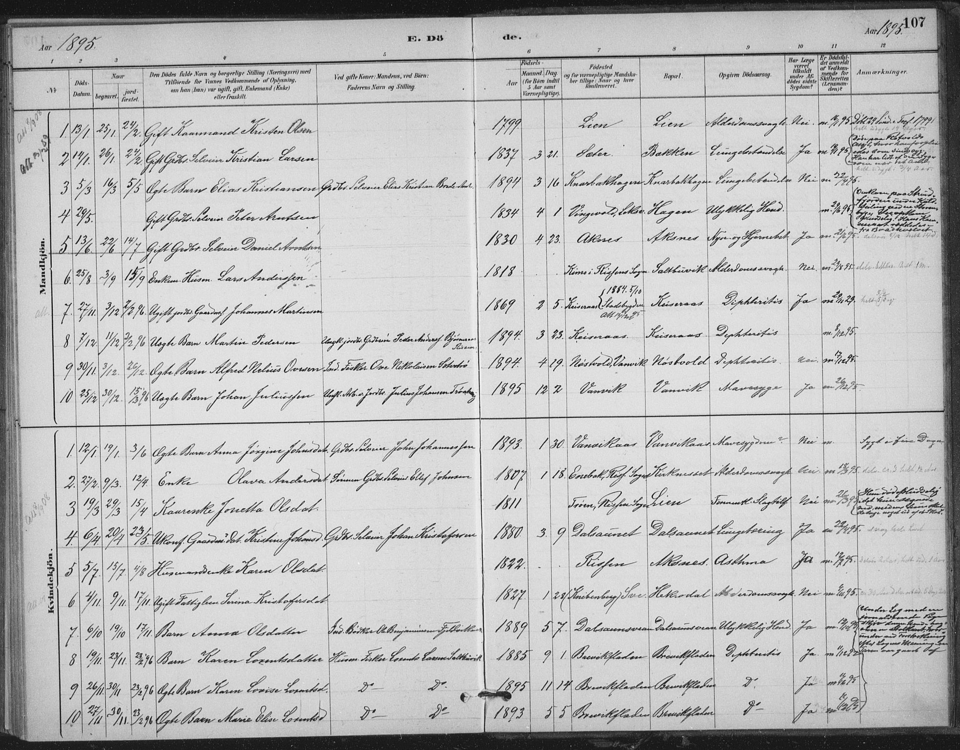 Ministerialprotokoller, klokkerbøker og fødselsregistre - Nord-Trøndelag, SAT/A-1458/702/L0023: Parish register (official) no. 702A01, 1883-1897, p. 107