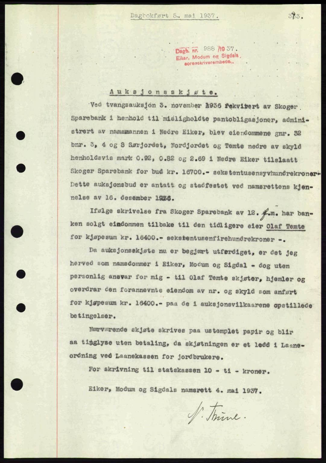 Eiker, Modum og Sigdal sorenskriveri, SAKO/A-123/G/Ga/Gab/L0035: Mortgage book no. A5, 1937-1937, Diary no: : 988/1937