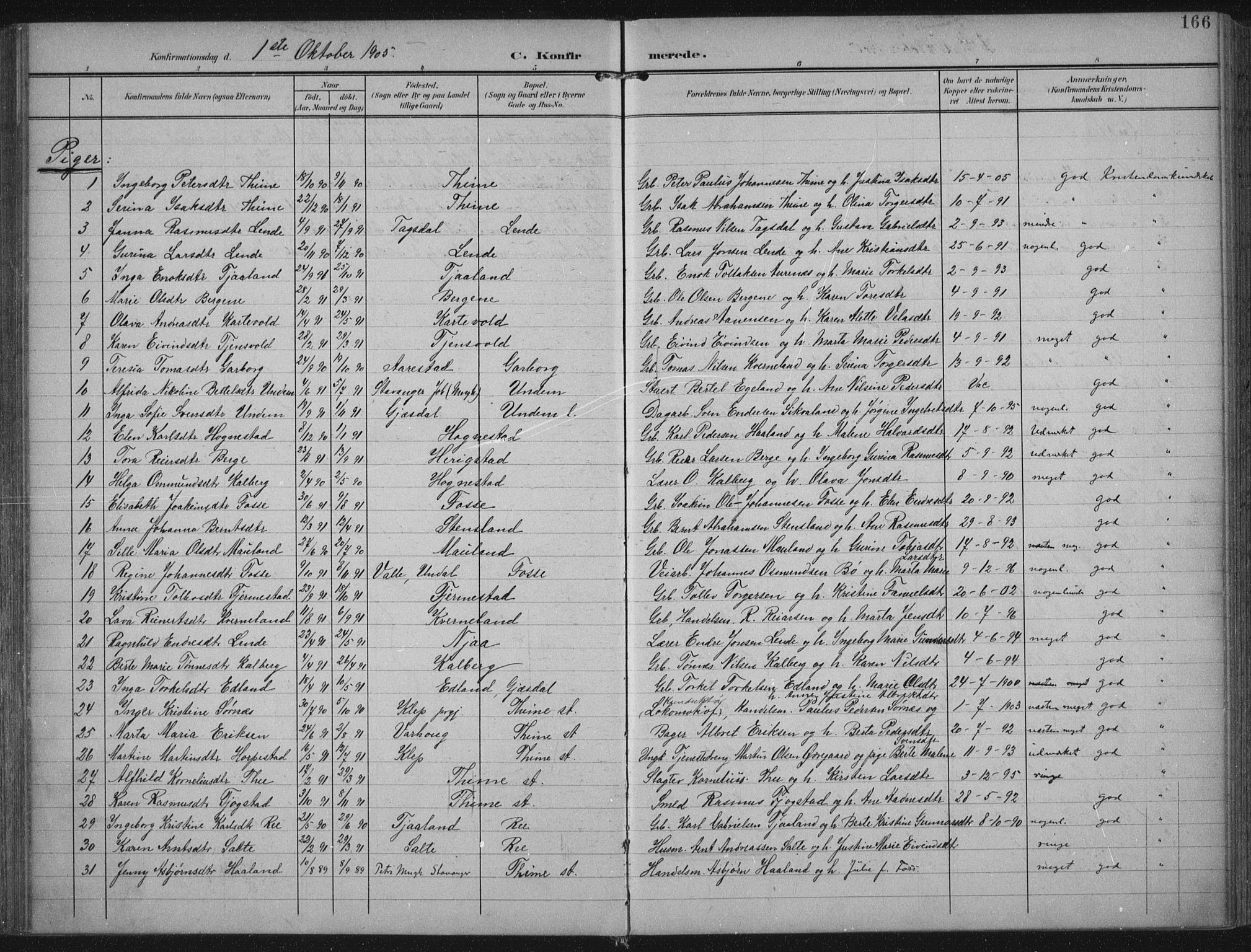 Lye sokneprestkontor, AV/SAST-A-101794/002/A/L0001: Parish register (official) no. A 12, 1904-1920, p. 166