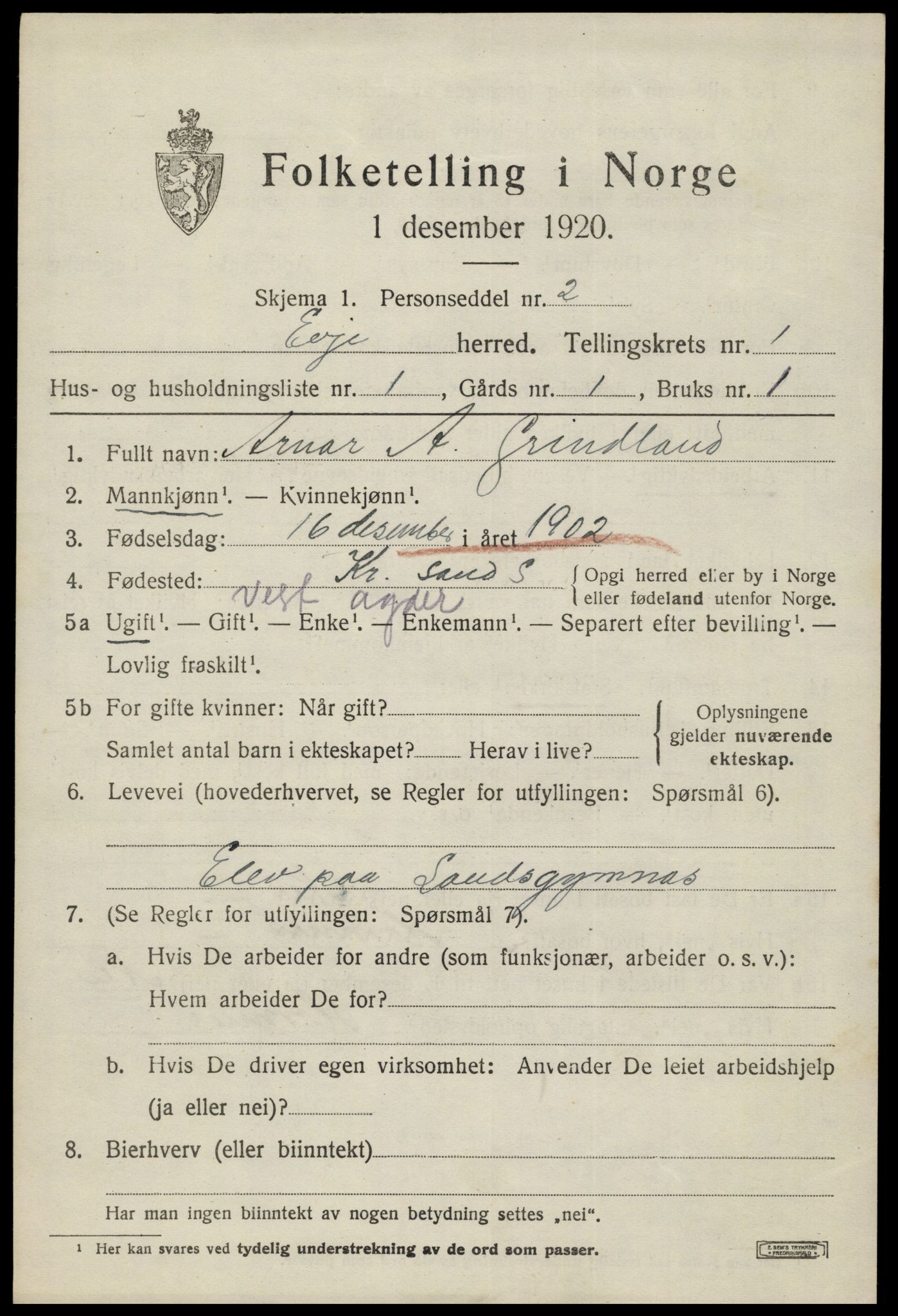 SAK, 1920 census for Evje, 1920, p. 536