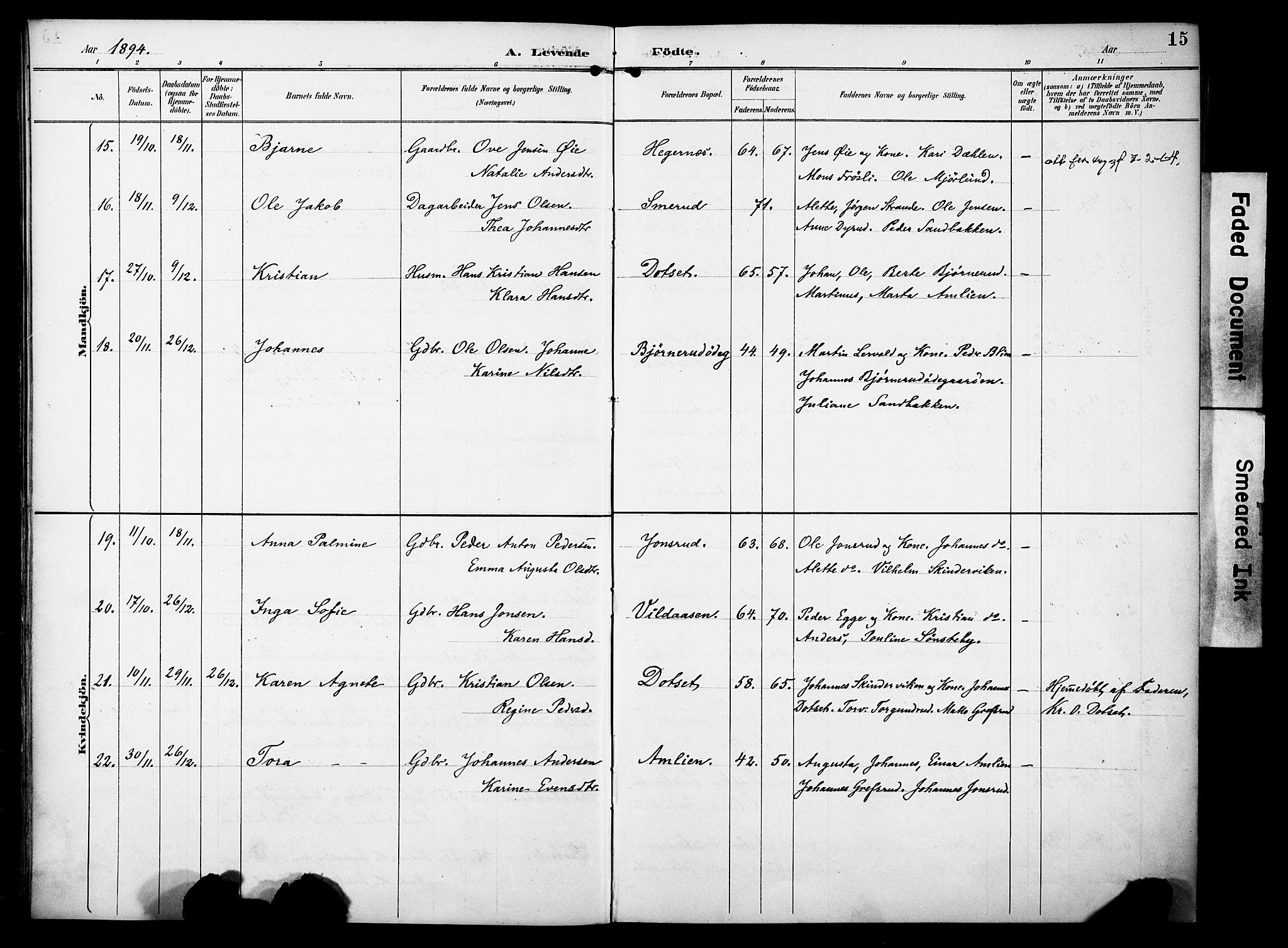 Vestre Toten prestekontor, SAH/PREST-108/H/Ha/Haa/L0012: Parish register (official) no. 12, 1890-1906, p. 15