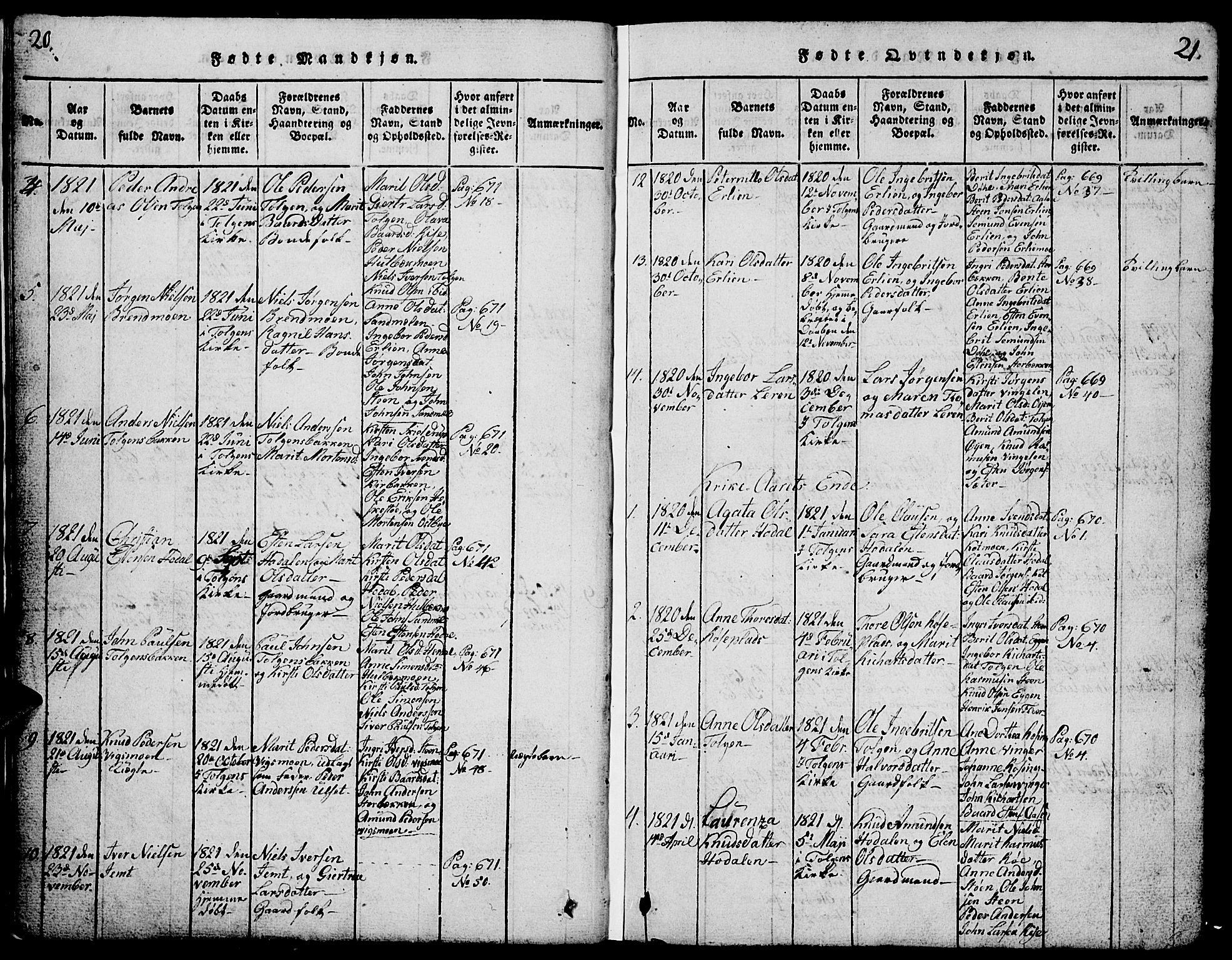 Tolga prestekontor, AV/SAH-PREST-062/L/L0001: Parish register (copy) no. 1, 1814-1877, p. 20-21