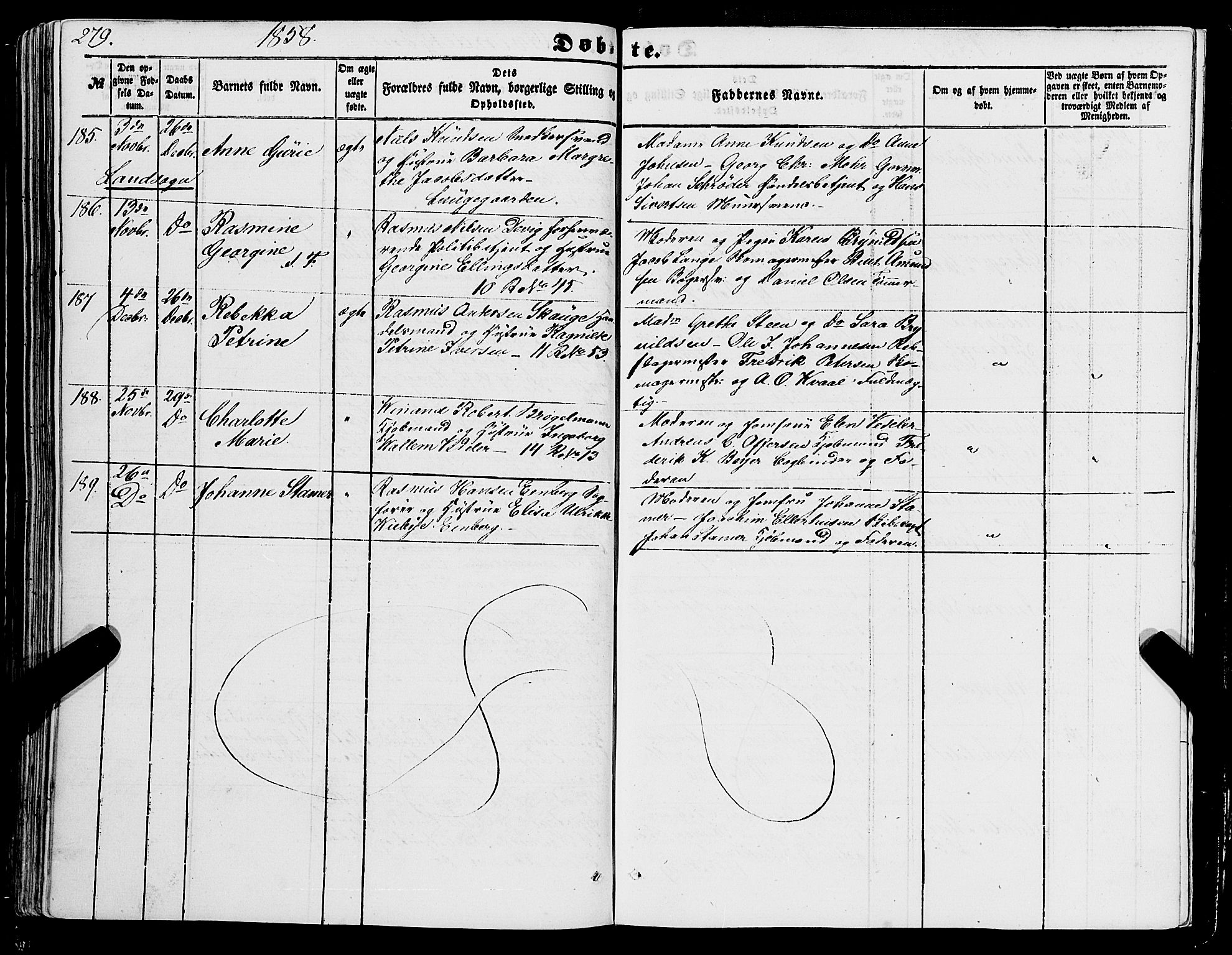 Domkirken sokneprestembete, SAB/A-74801/H/Haa/L0020: Parish register (official) no. B 3, 1851-1859, p. 279