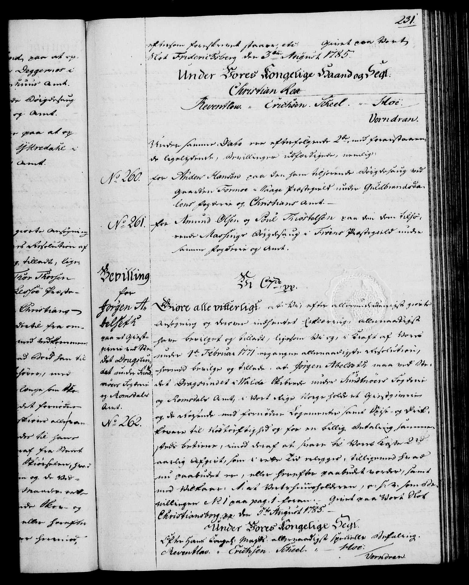 Rentekammeret, Kammerkanselliet, AV/RA-EA-3111/G/Gg/Gga/L0013: Norsk ekspedisjonsprotokoll med register (merket RK 53.13), 1784-1787, p. 231