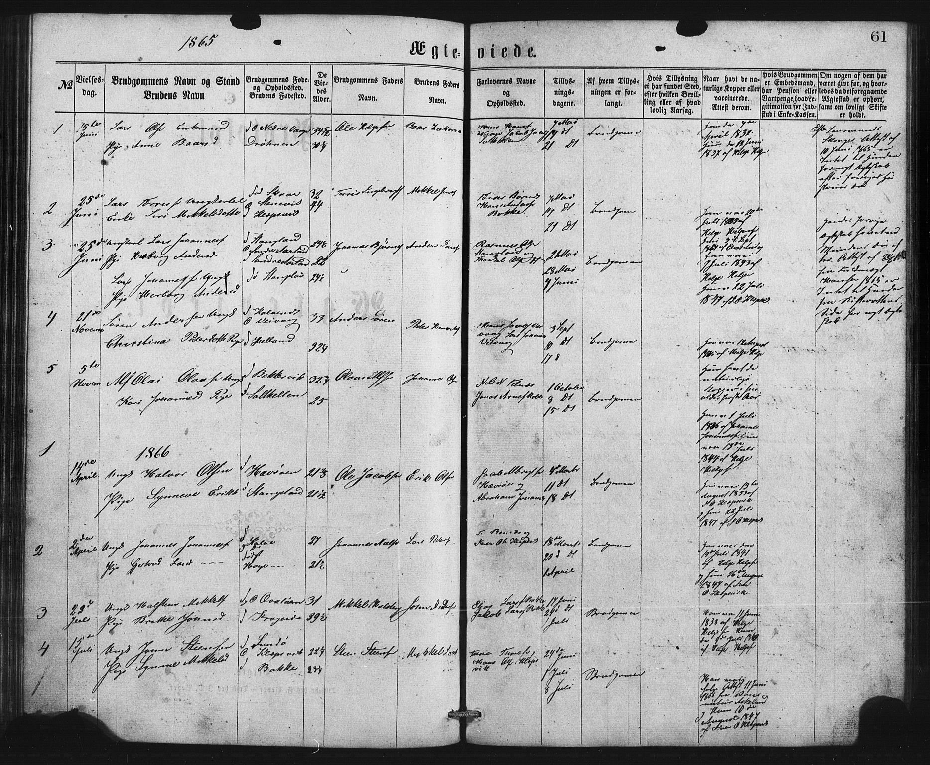 Austevoll sokneprestembete, AV/SAB-A-74201/H/Ha/Hab/Habb/L0002: Parish register (copy) no. B 2, 1865-1878, p. 61