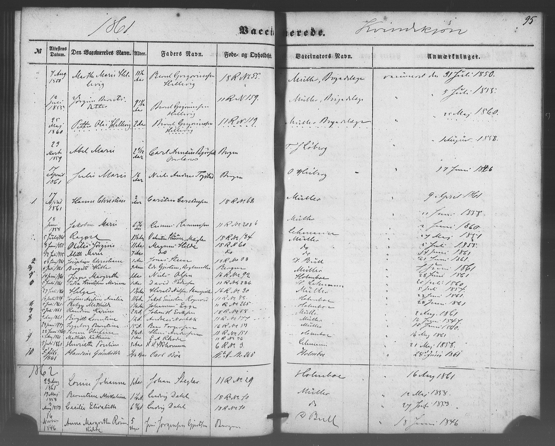 Domkirken sokneprestembete, SAB/A-74801/H/Haa/L0047: Parish register (official) no. F 2, 1852-1868, p. 95