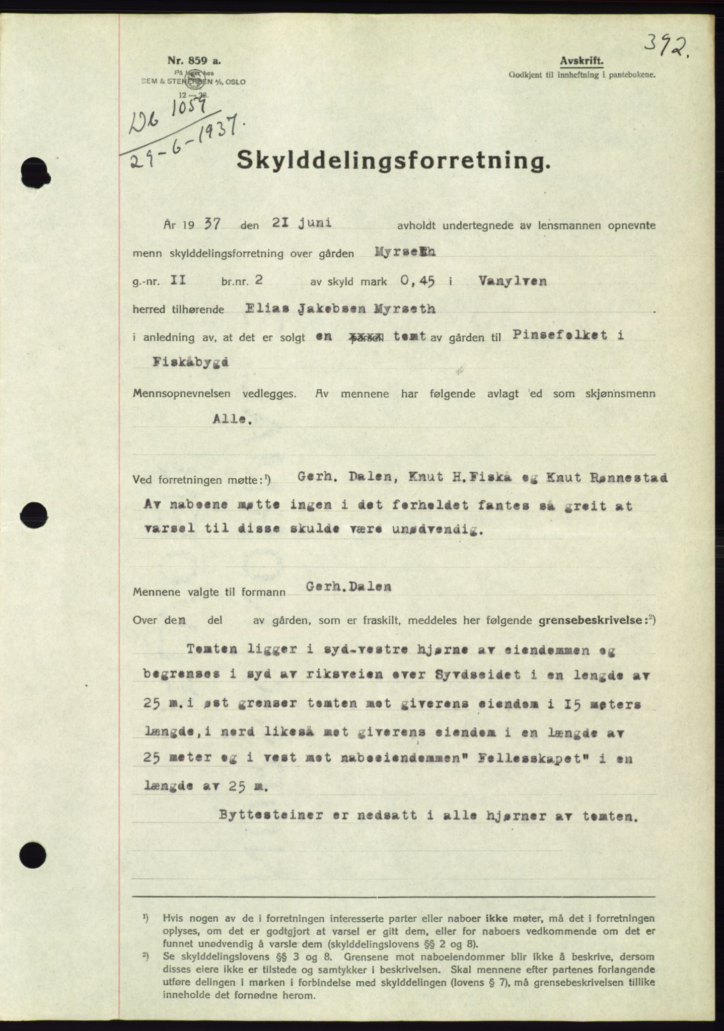 Søre Sunnmøre sorenskriveri, AV/SAT-A-4122/1/2/2C/L0063: Mortgage book no. 57, 1937-1937, Diary no: : 1059/1937