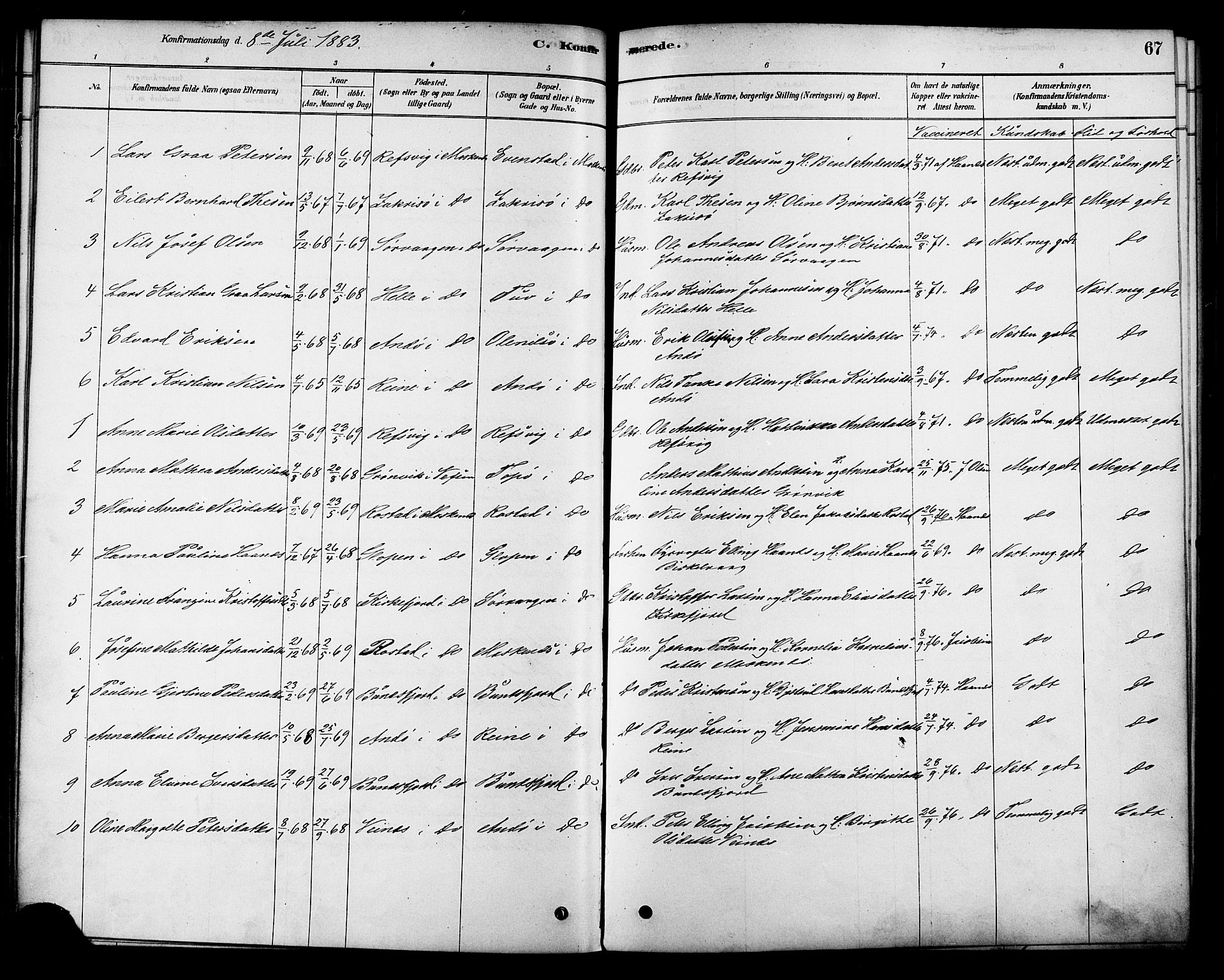 Ministerialprotokoller, klokkerbøker og fødselsregistre - Nordland, AV/SAT-A-1459/886/L1219: Parish register (official) no. 886A01, 1878-1892, p. 67