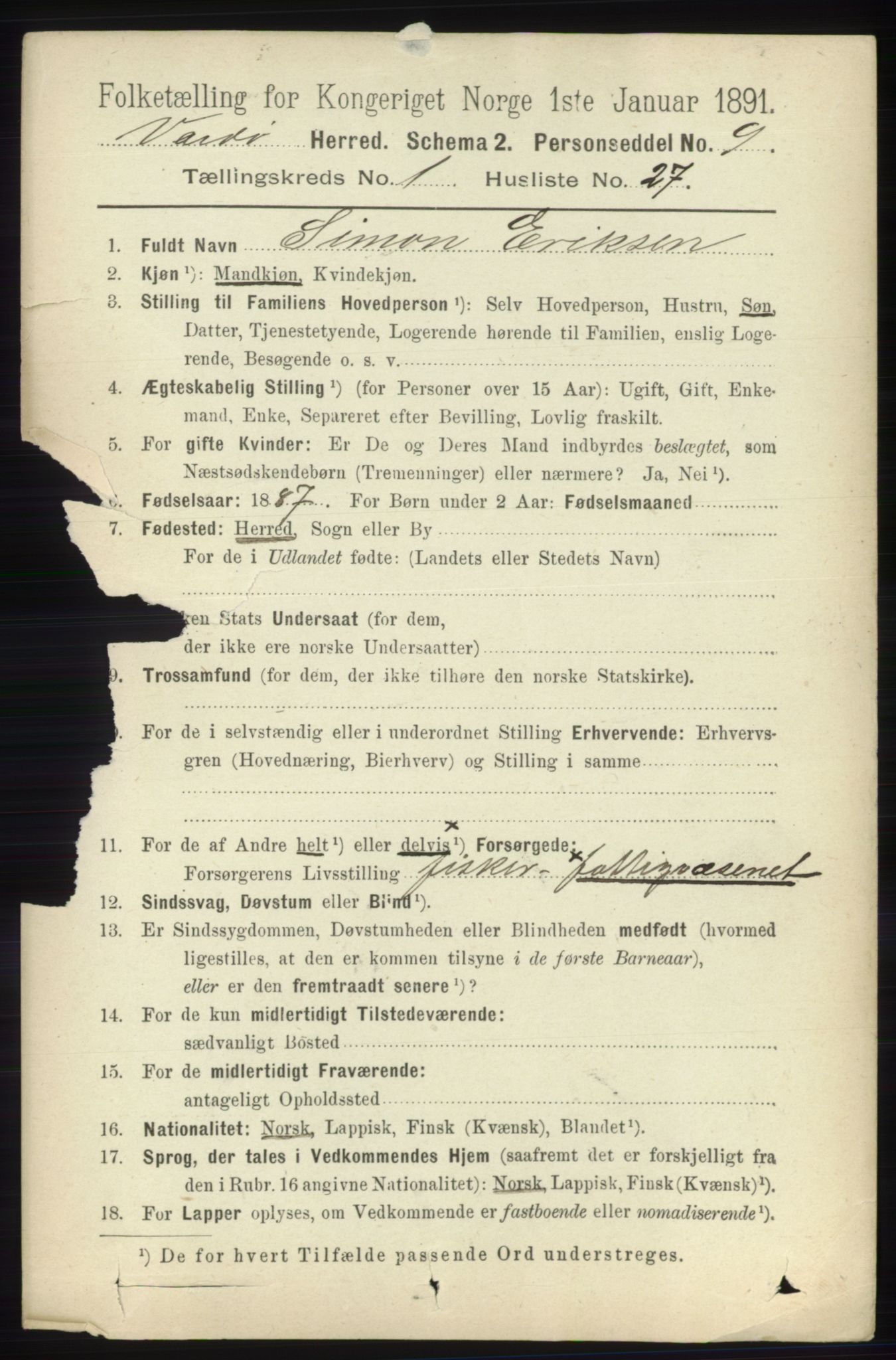 RA, 1891 census for 2028 Vardø, 1891, p. 208