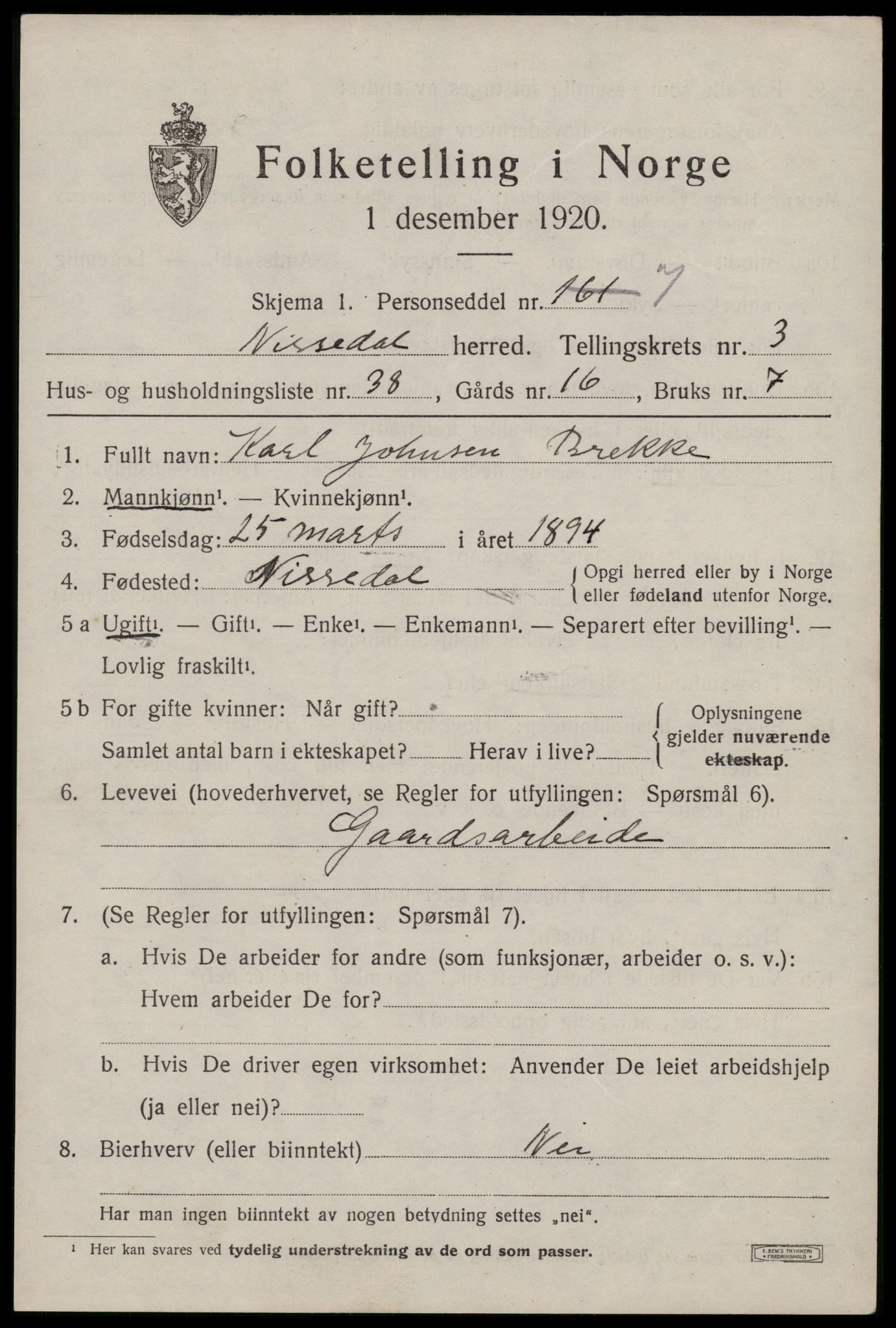 SAKO, 1920 census for Nissedal, 1920, p. 1819