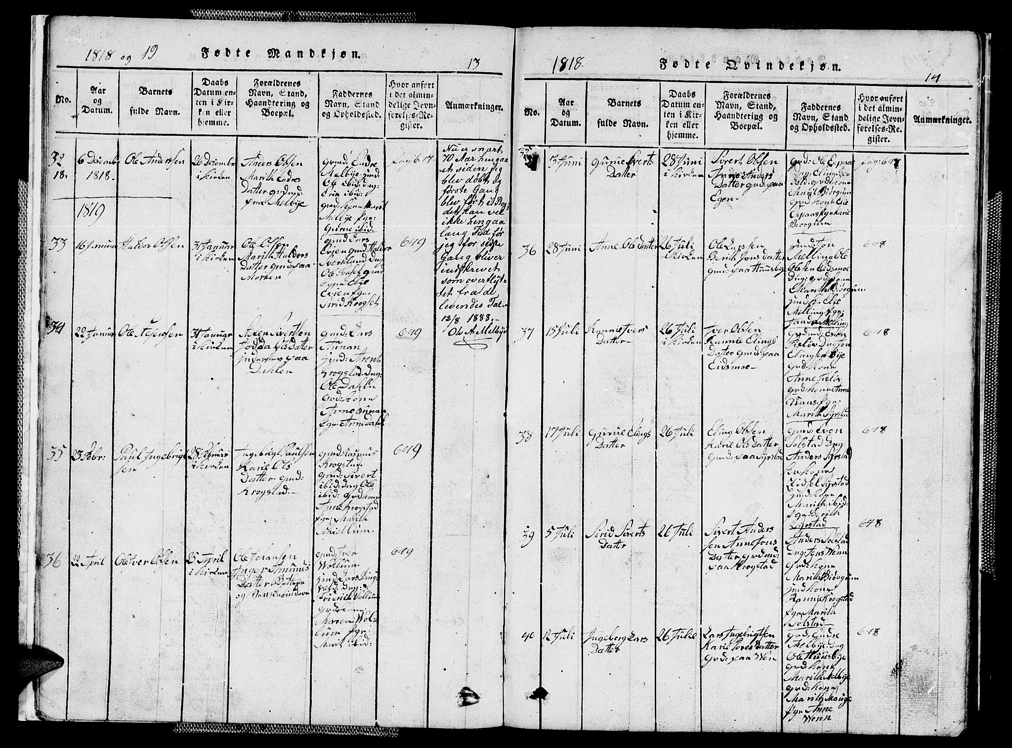 Ministerialprotokoller, klokkerbøker og fødselsregistre - Sør-Trøndelag, SAT/A-1456/667/L0796: Parish register (copy) no. 667C01, 1817-1836, p. 13-14