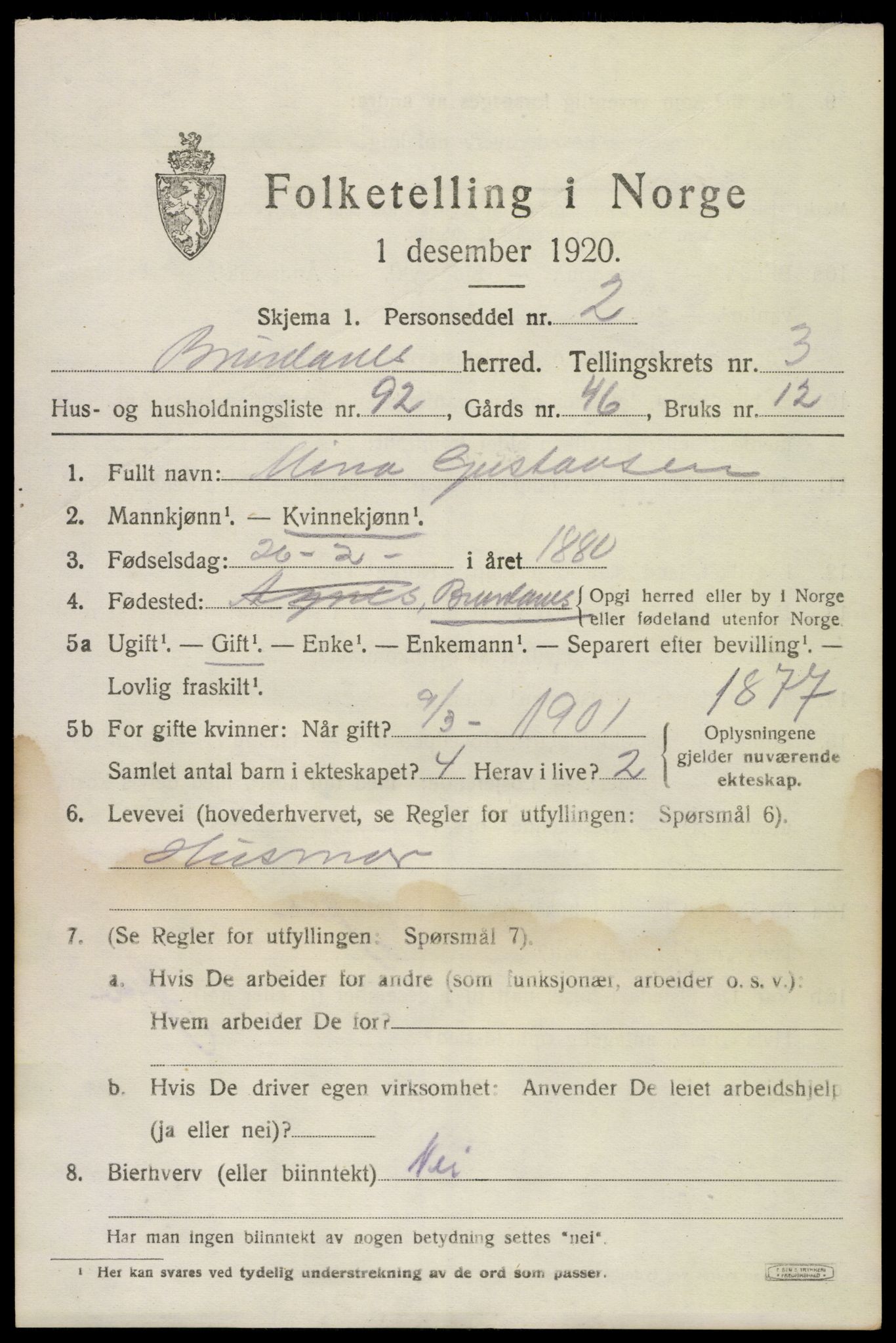SAKO, 1920 census for Brunlanes, 1920, p. 5803