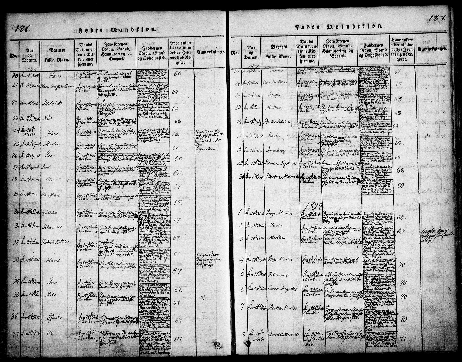 Hurdal prestekontor Kirkebøker, SAO/A-10889/F/Fa/L0003: Parish register (official) no. I 3, 1815-1828, p. 186-187