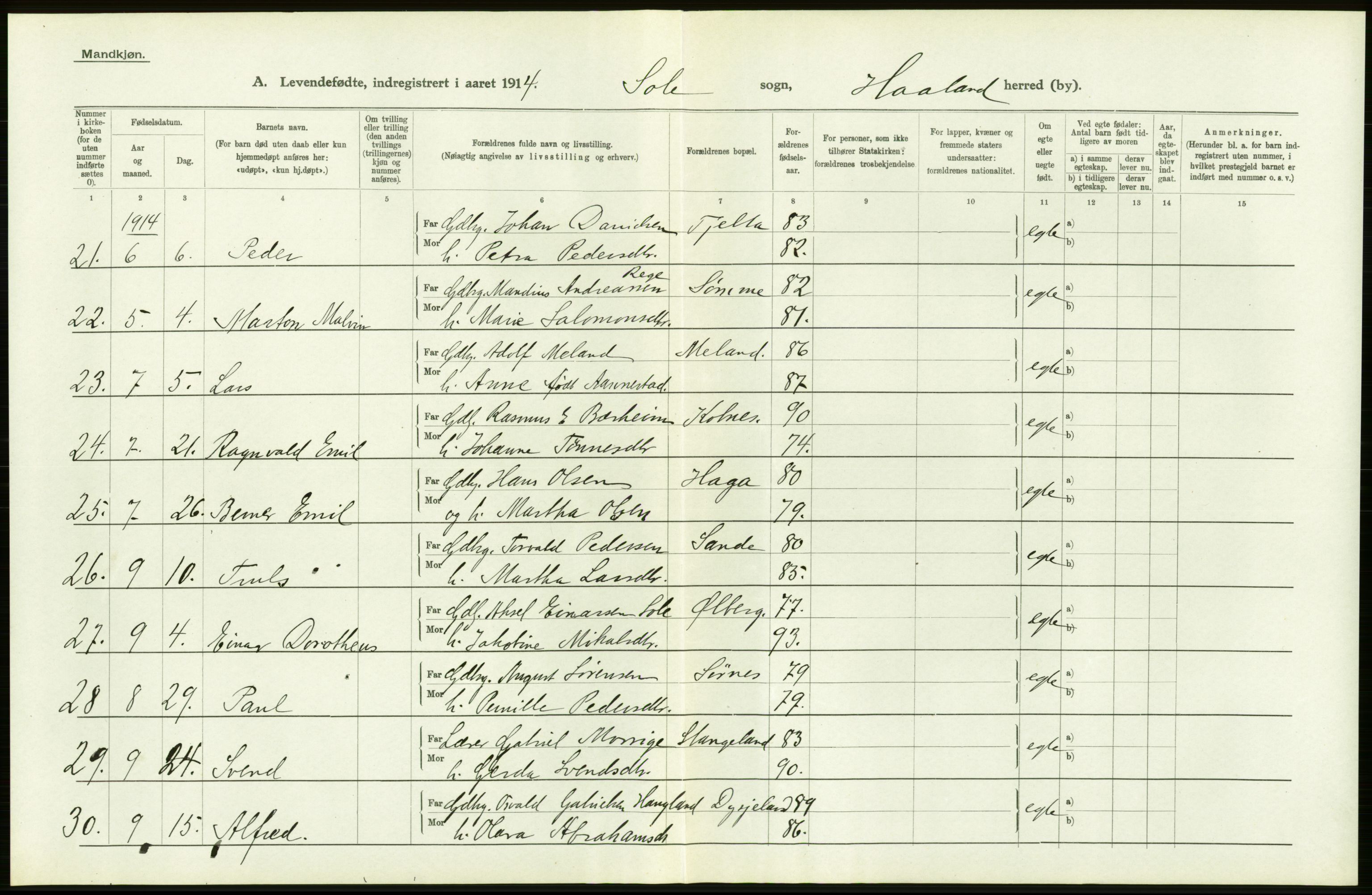 Statistisk sentralbyrå, Sosiodemografiske emner, Befolkning, AV/RA-S-2228/D/Df/Dfb/Dfbd/L0024: Stavanger amt: Levendefødte menn og kvinner. Bygder., 1914, p. 50