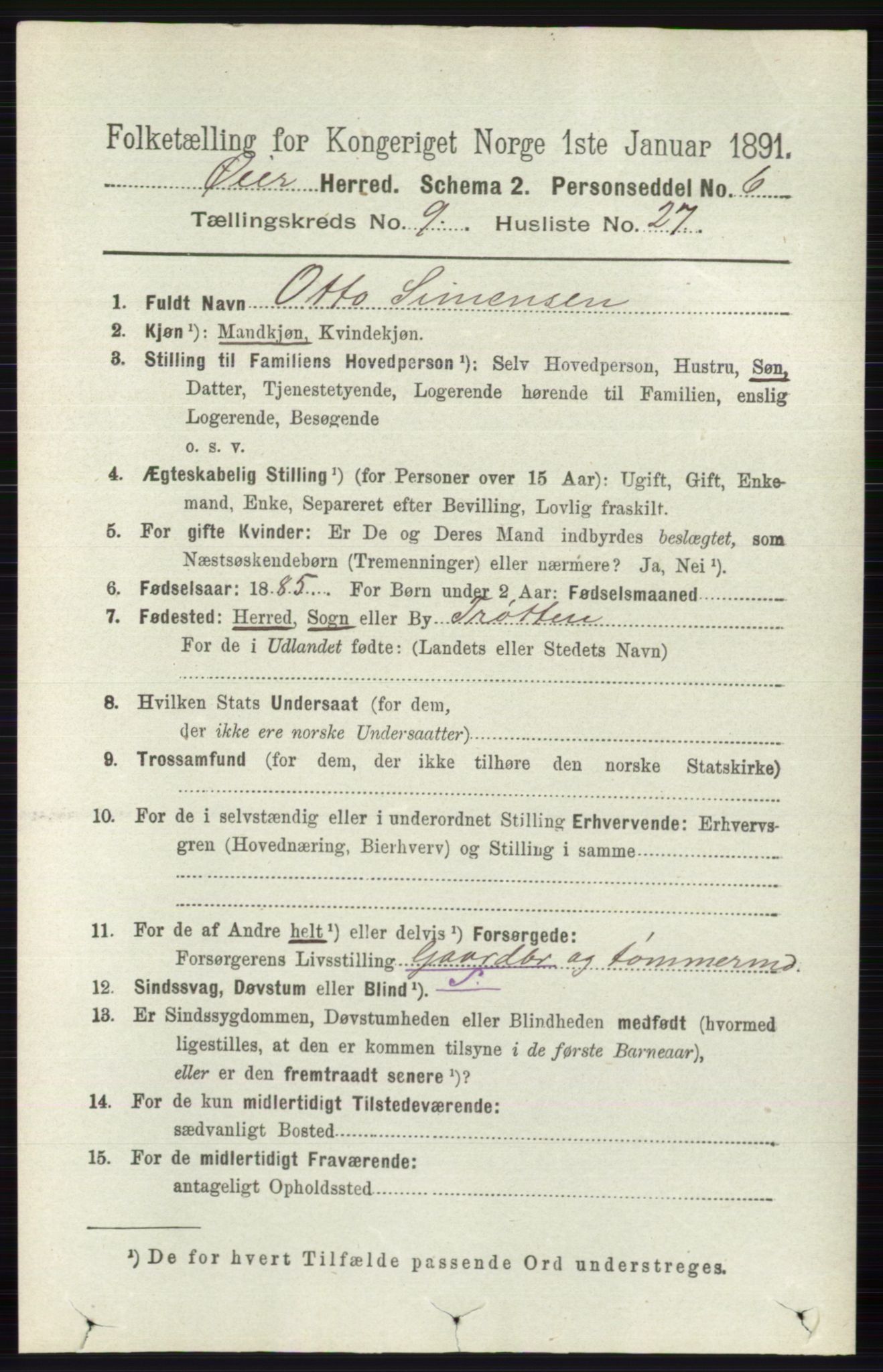 RA, 1891 census for 0521 Øyer, 1891, p. 3285