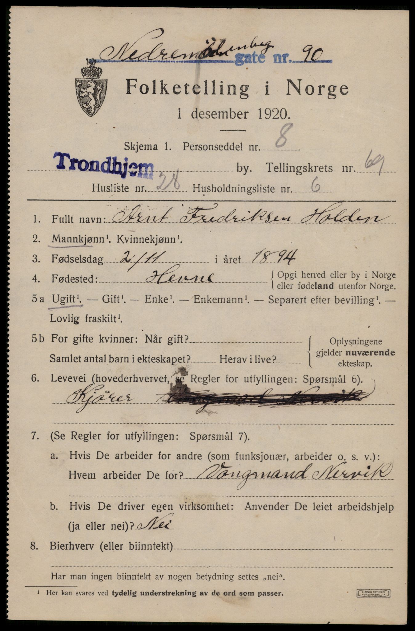 SAT, 1920 census for Trondheim, 1920, p. 137932