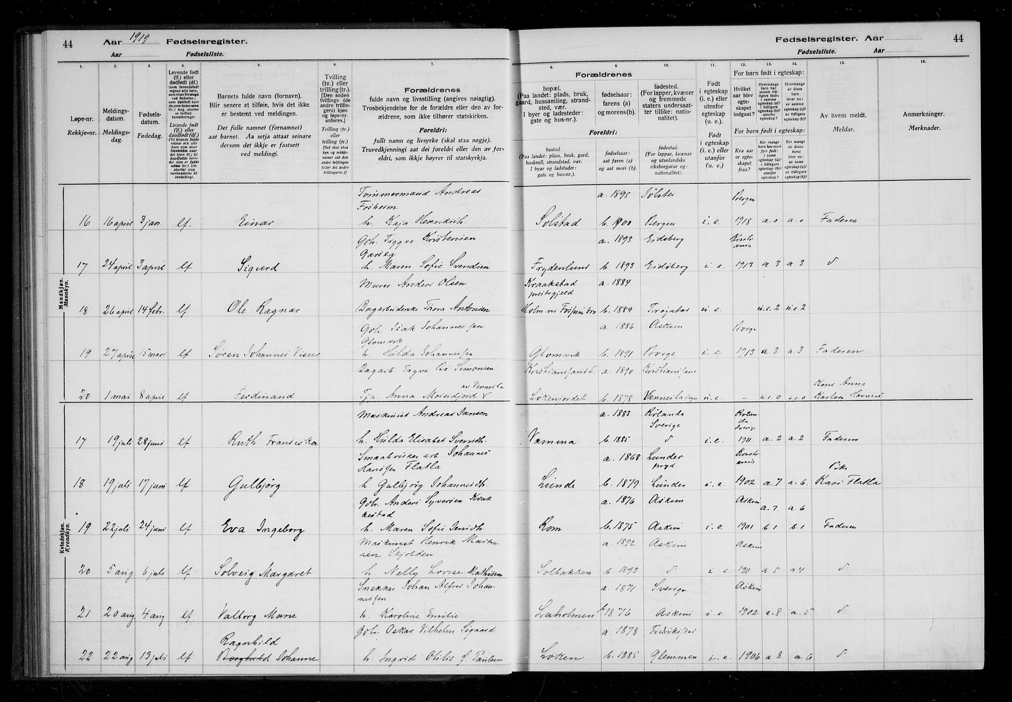 Askim prestekontor Kirkebøker, AV/SAO-A-10900/J/Ja/L0001: Birth register no. 1, 1916-1929, p. 44