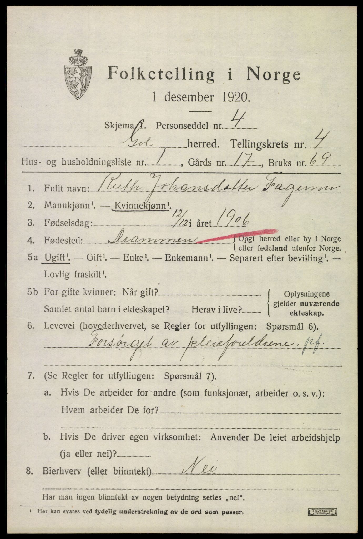 SAKO, 1920 census for Gol, 1920, p. 2736