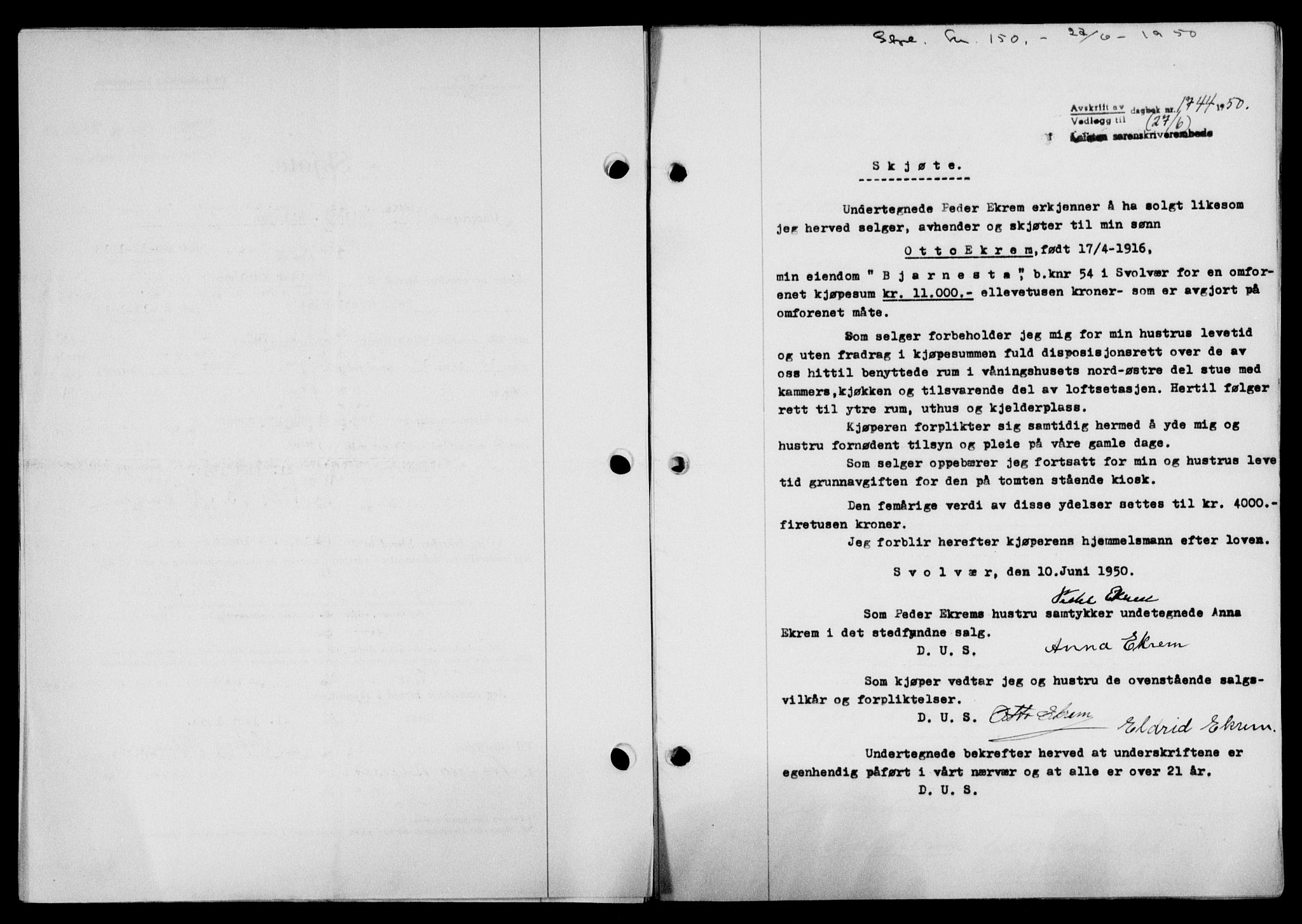 Lofoten sorenskriveri, SAT/A-0017/1/2/2C/L0023a: Mortgage book no. 23a, 1950-1950, Diary no: : 1744/1950
