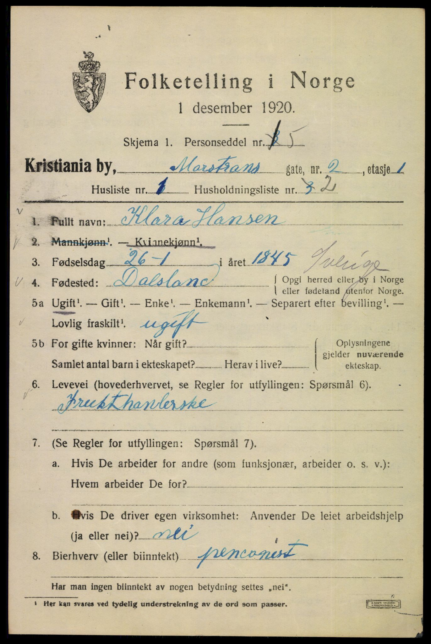 SAO, 1920 census for Kristiania, 1920, p. 392167