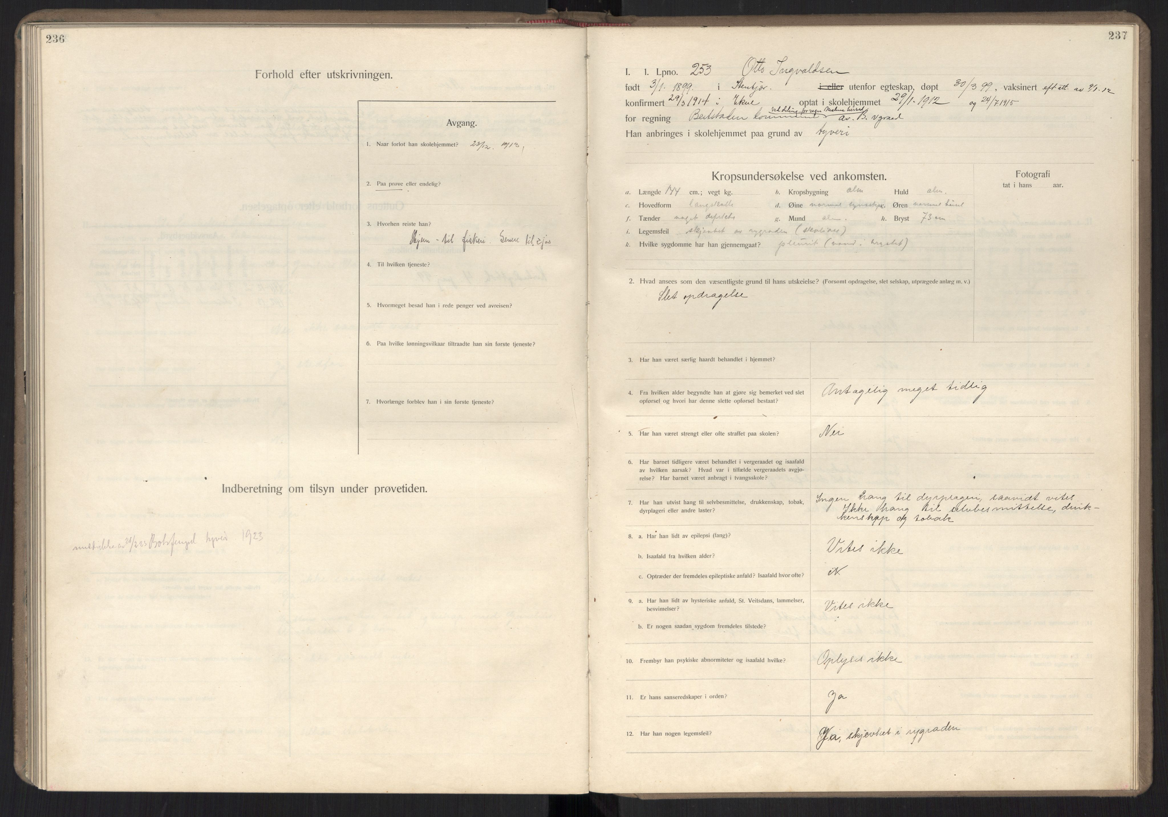 Falstad skolehjem, RA/S-1676/E/Ea/L0007: Elevprotokoll nr. 3 løpenr. 194-268, 1909-1913, p. 236-237