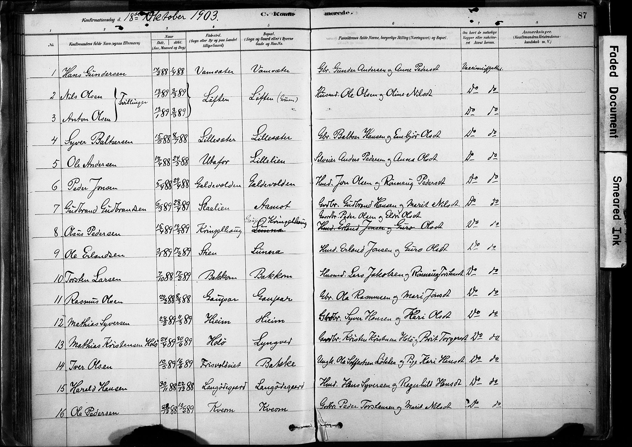 Lom prestekontor, SAH/PREST-070/K/L0009: Parish register (official) no. 9, 1878-1907, p. 87