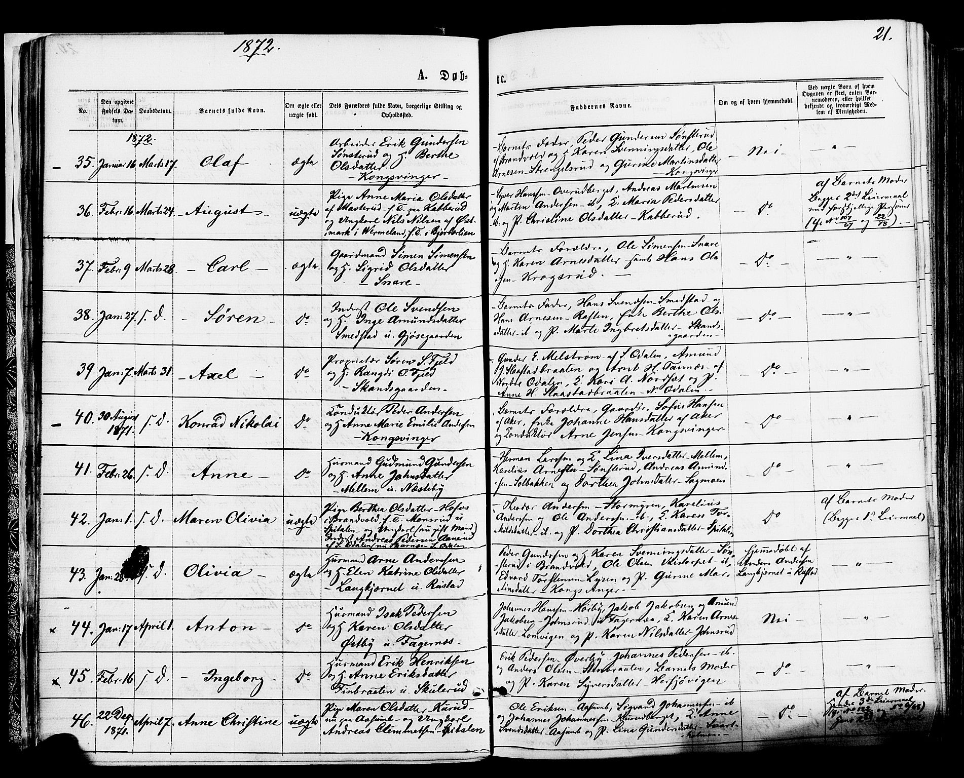 Vinger prestekontor, AV/SAH-PREST-024/H/Ha/Haa/L0012: Parish register (official) no. 12, 1871-1880, p. 21