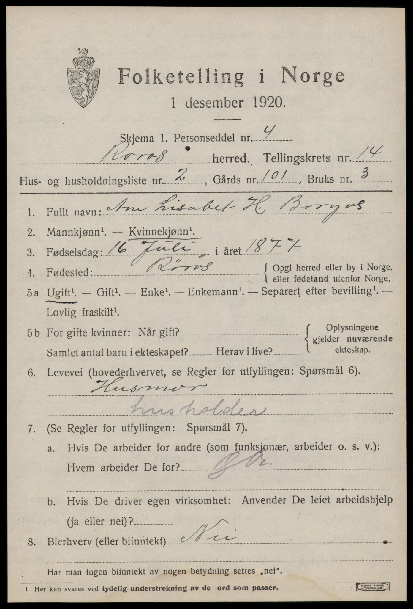 SAT, 1920 census for Røros, 1920, p. 9684