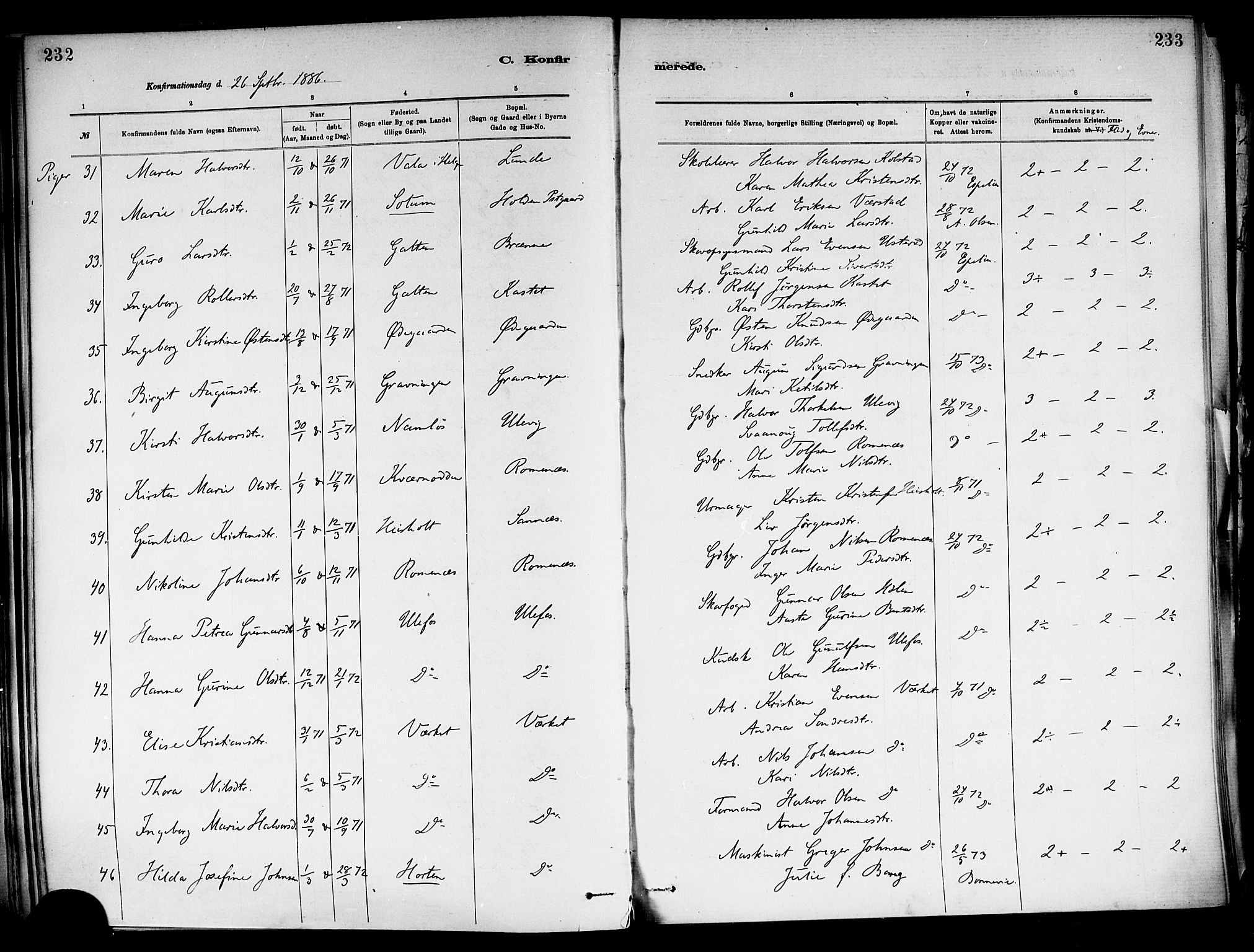 Holla kirkebøker, AV/SAKO-A-272/F/Fa/L0008: Parish register (official) no. 8, 1882-1897, p. 232