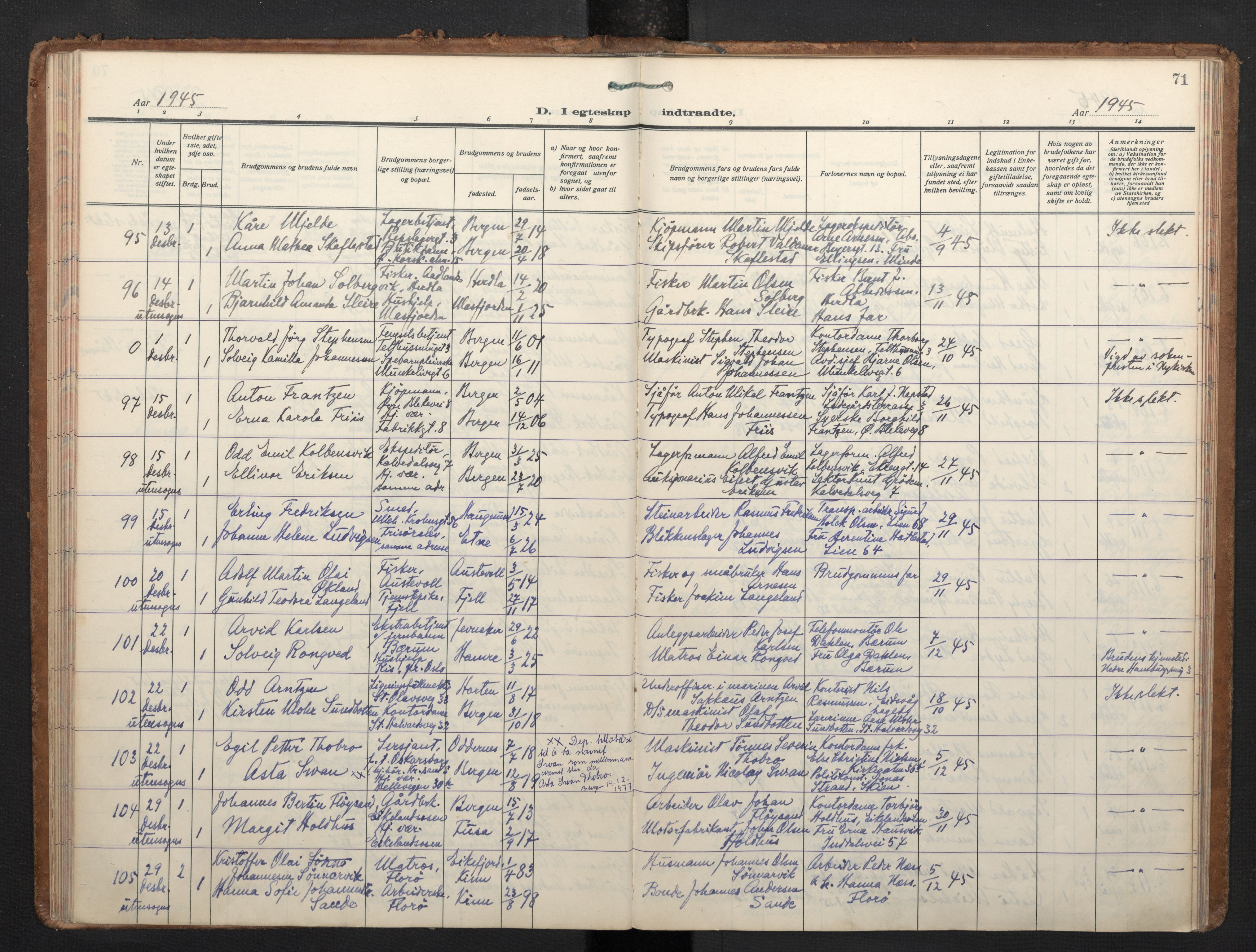 Korskirken sokneprestembete, AV/SAB-A-76101/H/Haa/L0040: Parish register (official) no. D 7, 1938-1952, p. 70b-71a