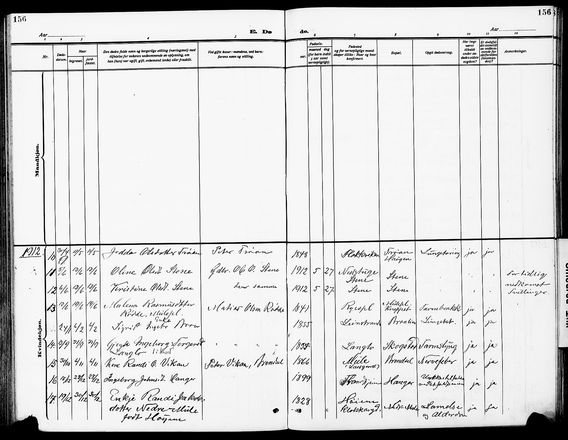 Ministerialprotokoller, klokkerbøker og fødselsregistre - Sør-Trøndelag, SAT/A-1456/612/L0388: Parish register (copy) no. 612C04, 1909-1929, p. 156