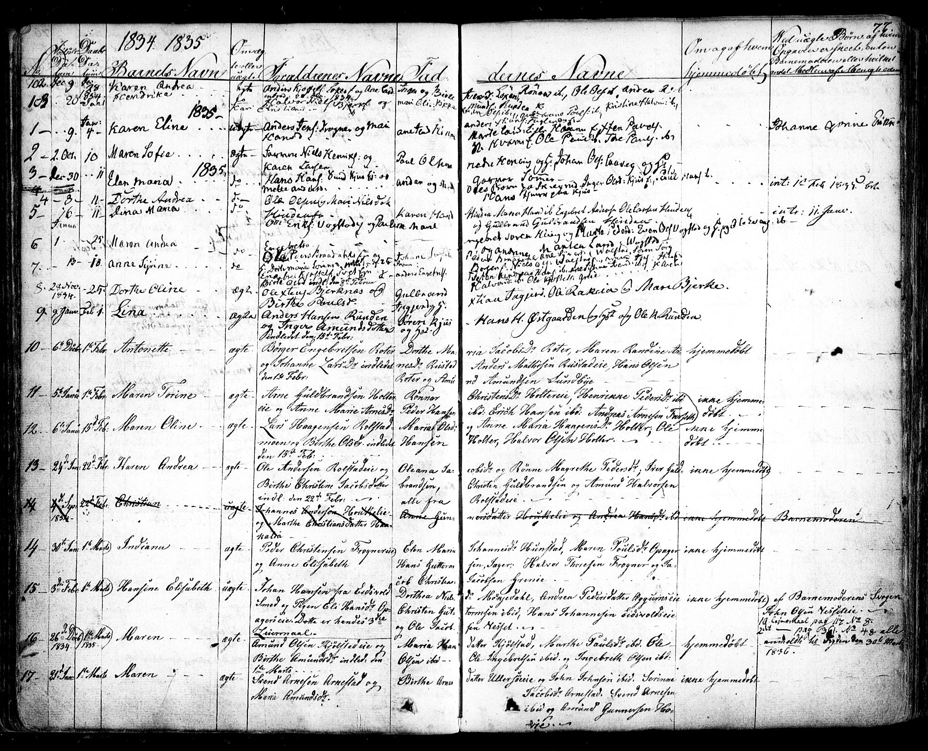 Nes prestekontor Kirkebøker, AV/SAO-A-10410/F/Fa/L0006: Parish register (official) no. I 6, 1833-1845, p. 77