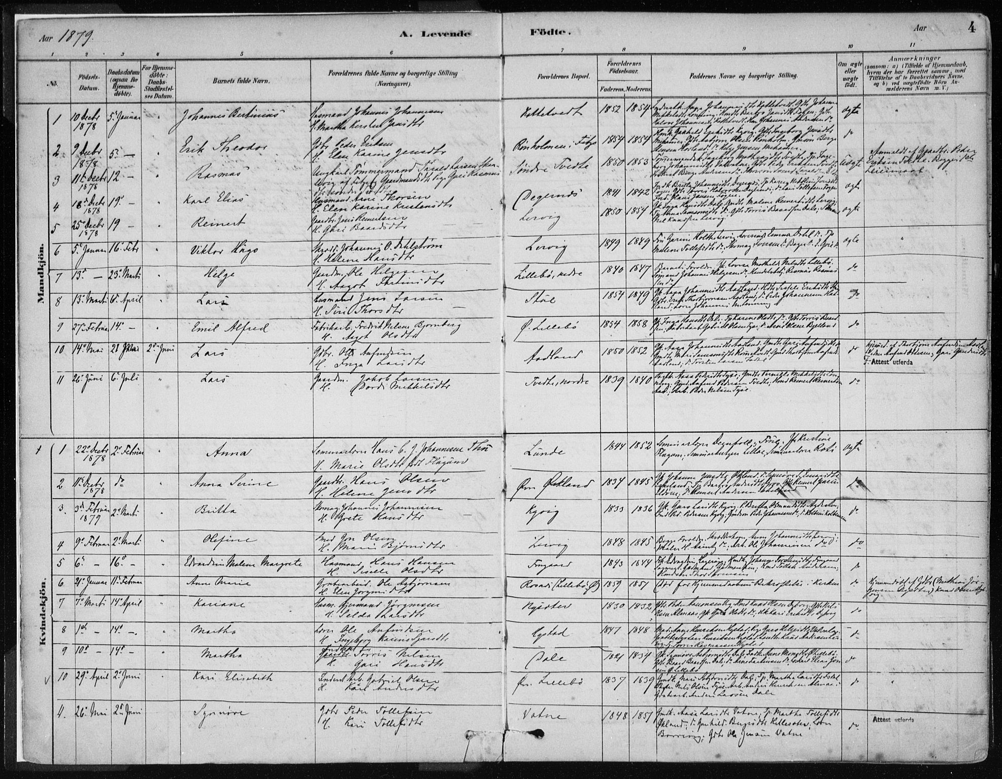 Stord sokneprestembete, SAB/A-78201/H/Haa: Parish register (official) no. B 2, 1878-1913, p. 4