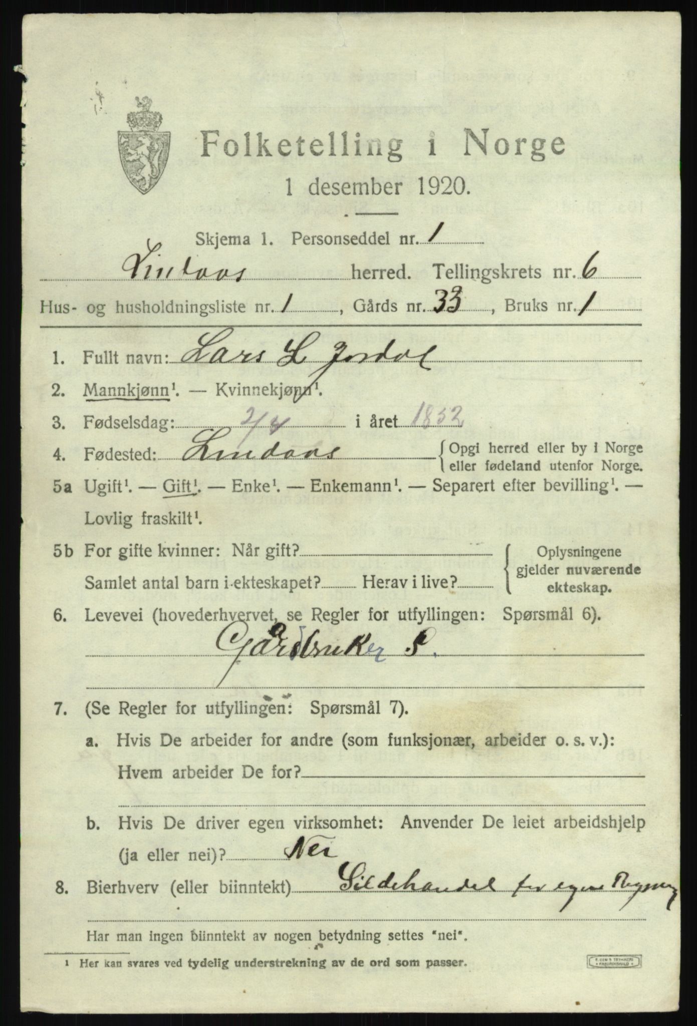 SAB, 1920 census for Lindås, 1920, p. 3461